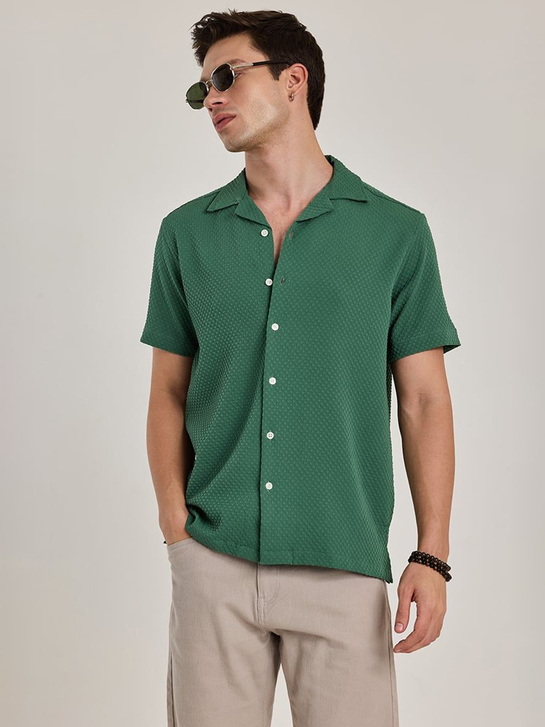 

Snitch Men Relaxed Cuban Collar Textured Casual Shirt, Green