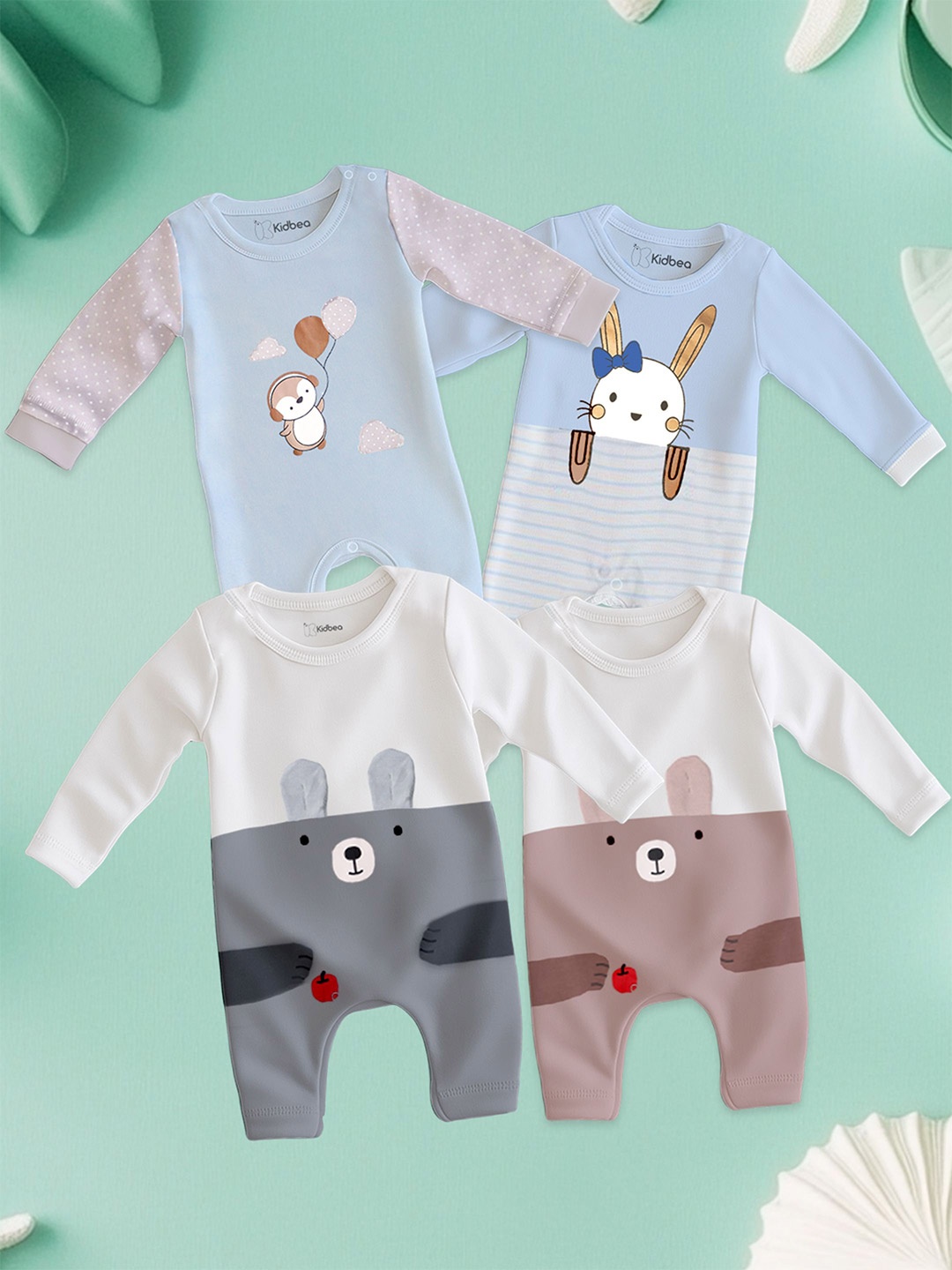 

Kidbea Infants Pack Of 4 Self-Designed Pure Cotton Rompers, Brown