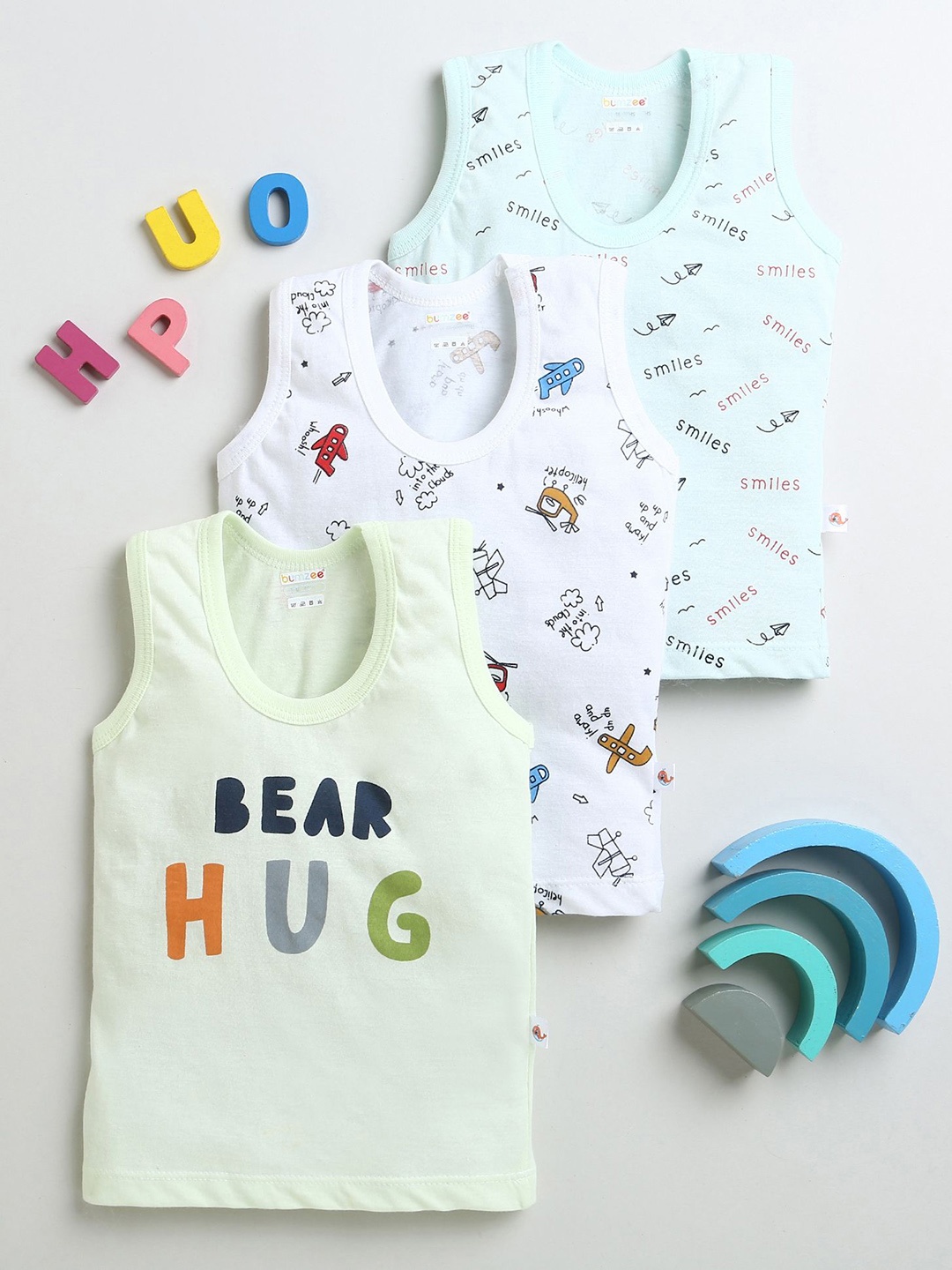 

BUMZEE Infant Boys 3-Pcs Cotton Printed Innerwear Vests Peb9595, Blue