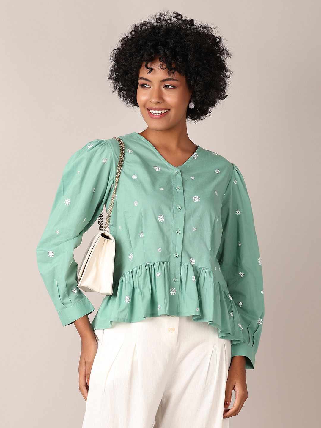 

V-Mart Print Cotton Crop Top, Green