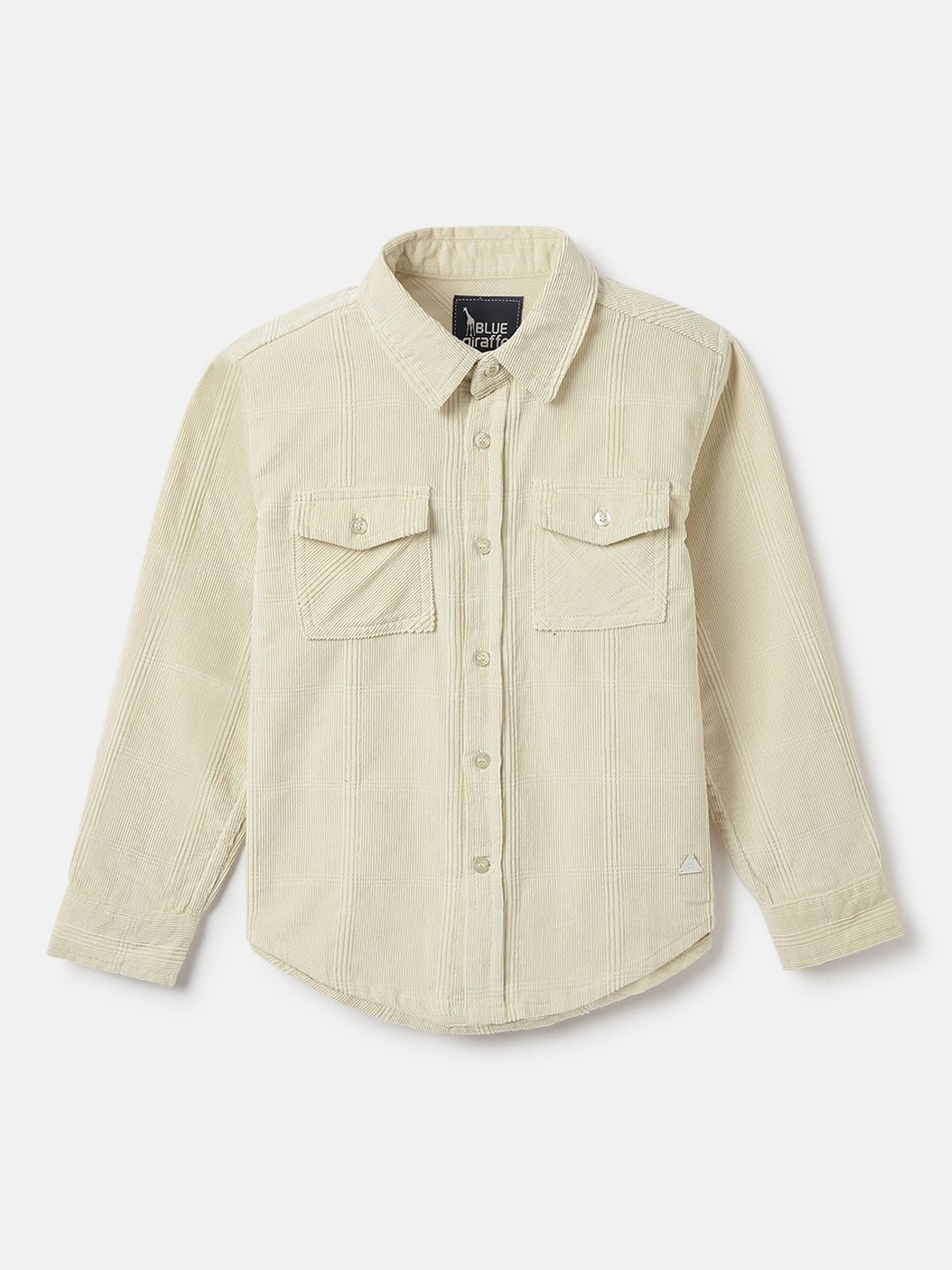 

Blue Giraffe Boys Cutaway Collar Vertical Striped Cotton Casual Shirt, Beige