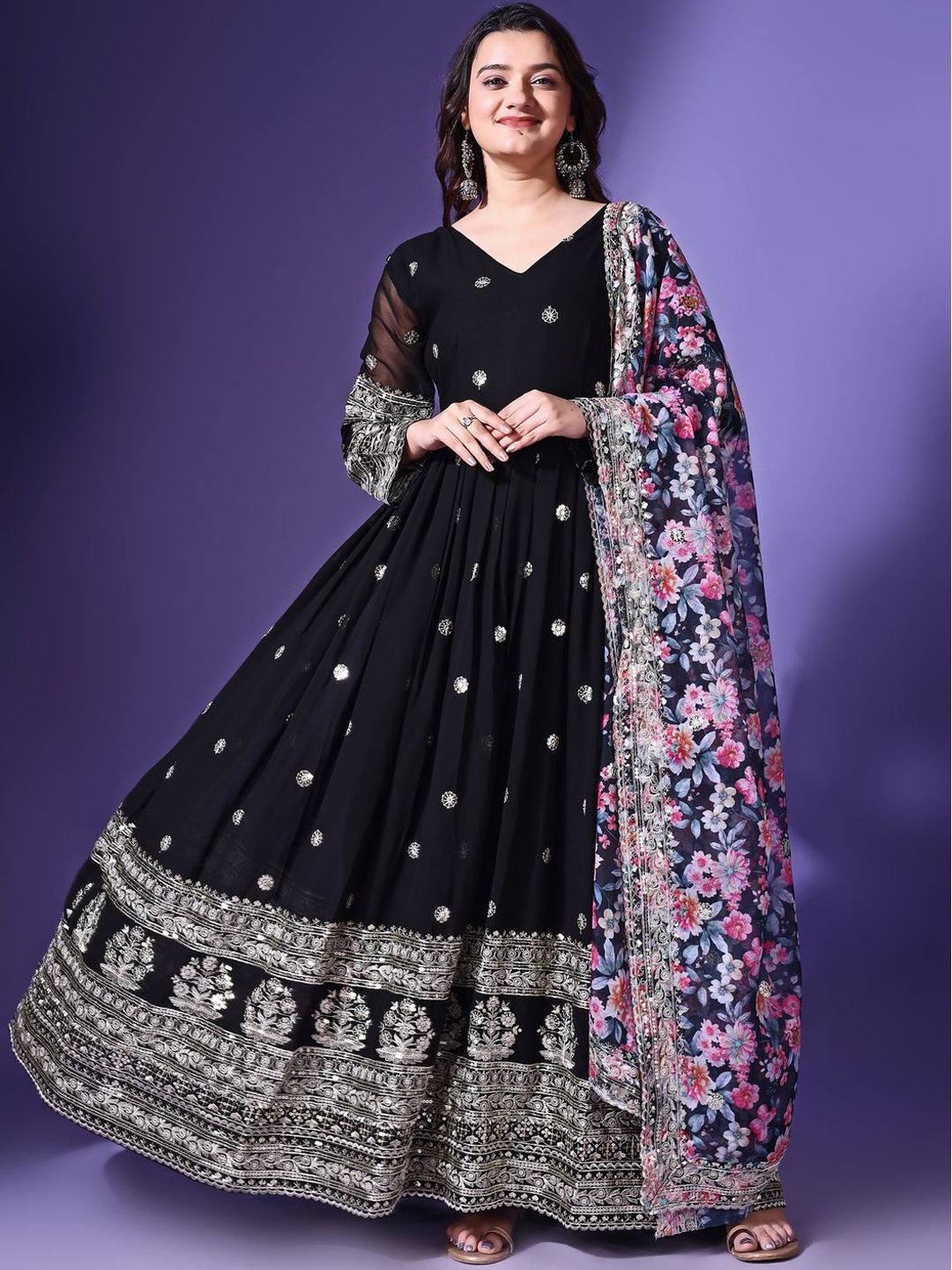 

KALINI Embroidered Ethnic Dresses With Dupatta, Black