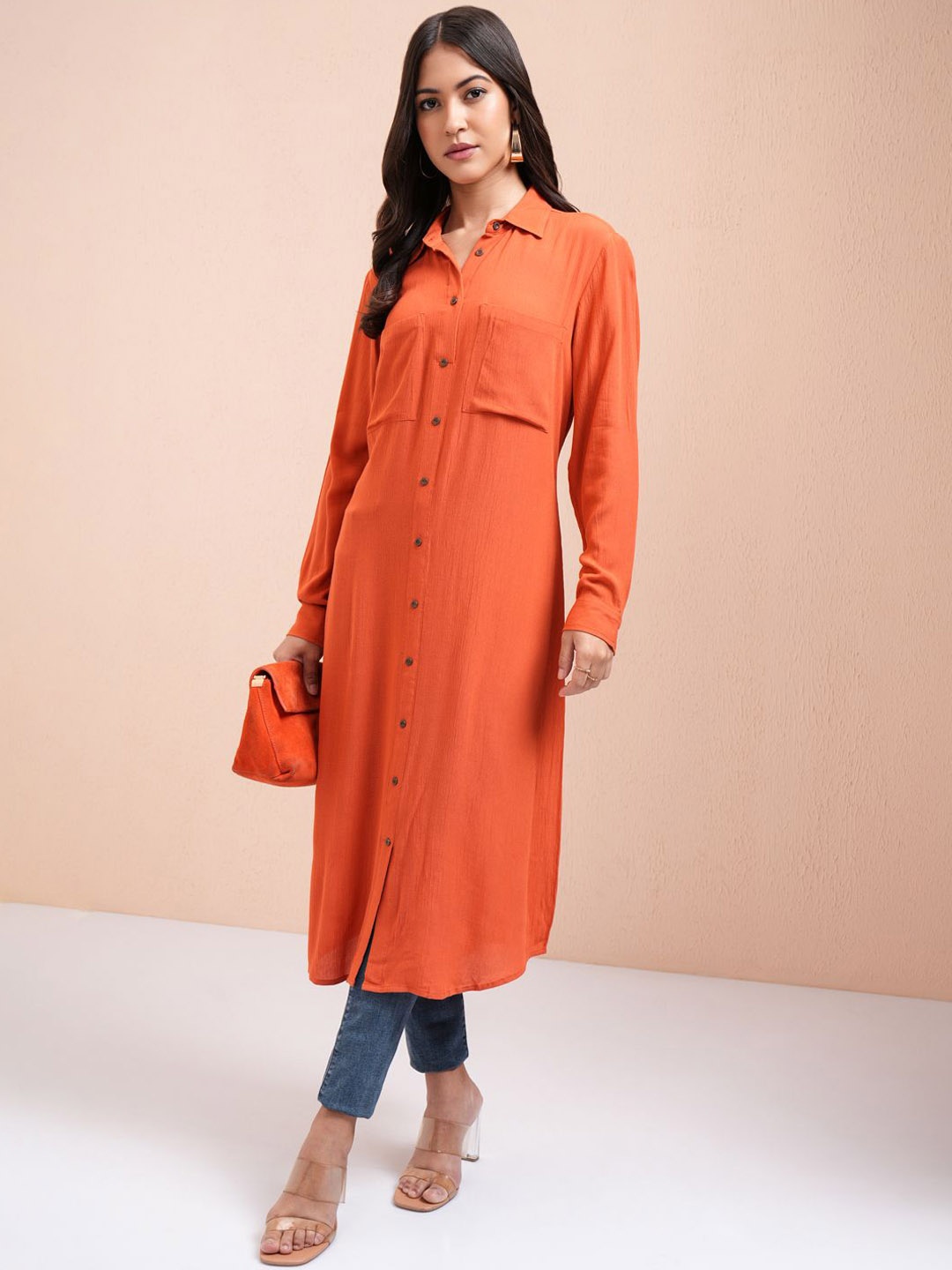 

Vishudh Shirt Collar High-Low A-Line Kurta, Rust