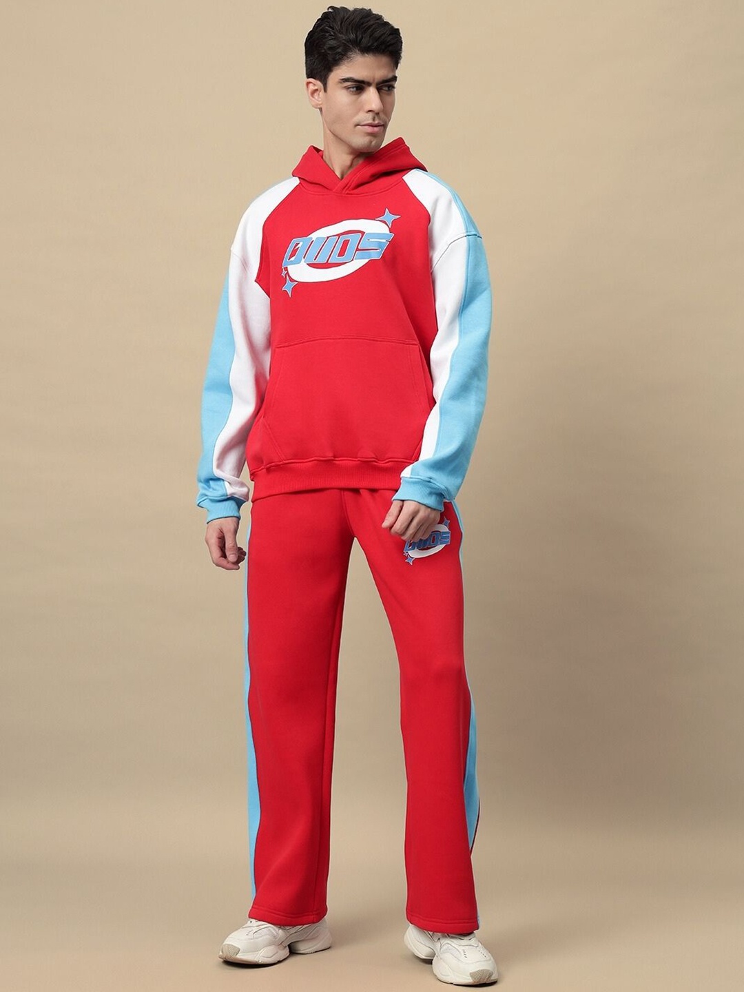 

WEARDUDS Colourblocked Hooded Cotton Sweatshirt With Trouser Co-Ords, Red
