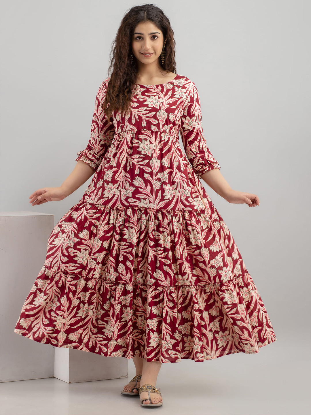 

VARICOS Floral Printed Pure Cotton Maternity Fit and Flare Midi Dresses, Maroon