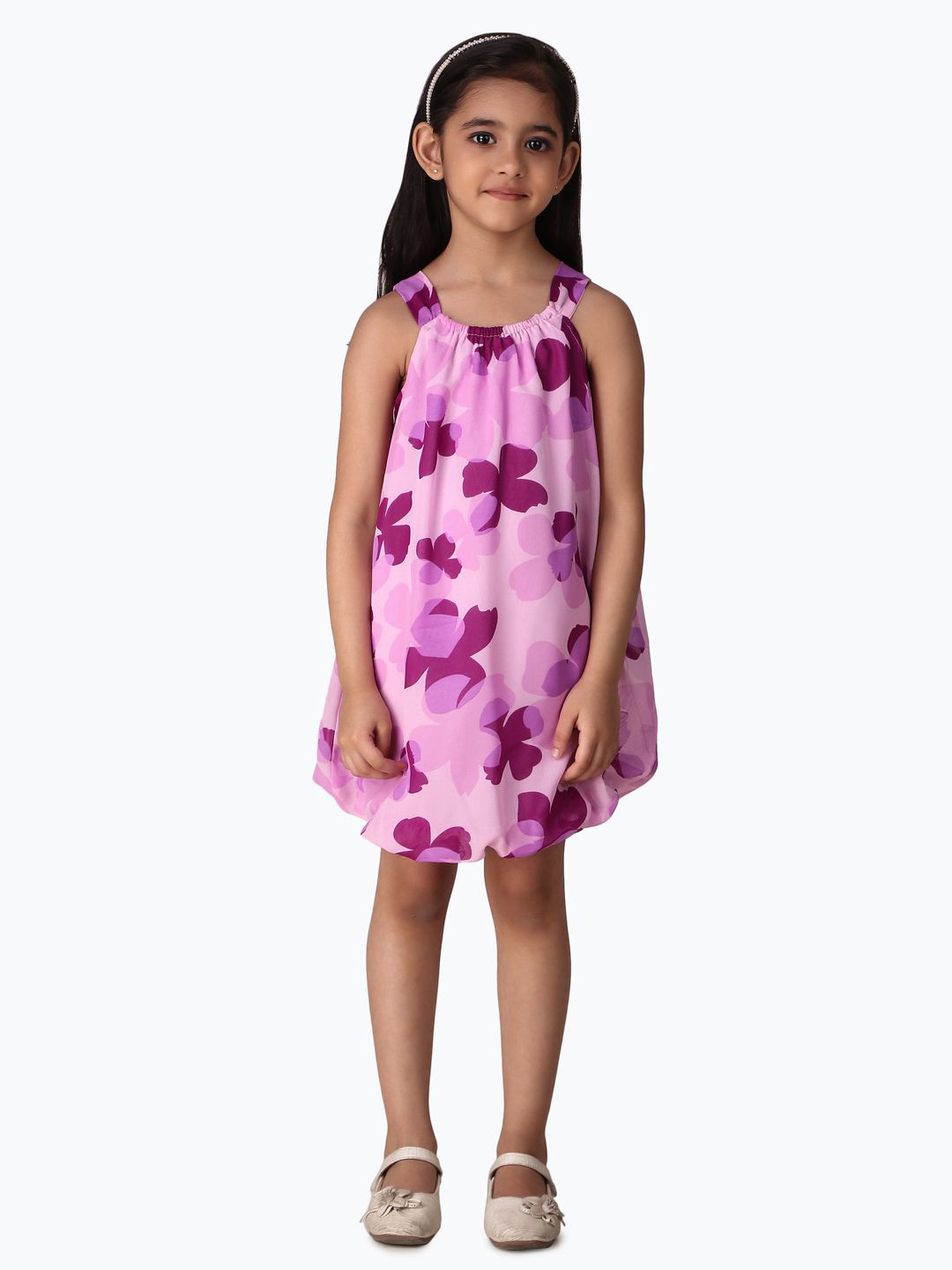 

HERE&NOW Girls Shoulder Straps Floral Print Balloon Dress, Purple