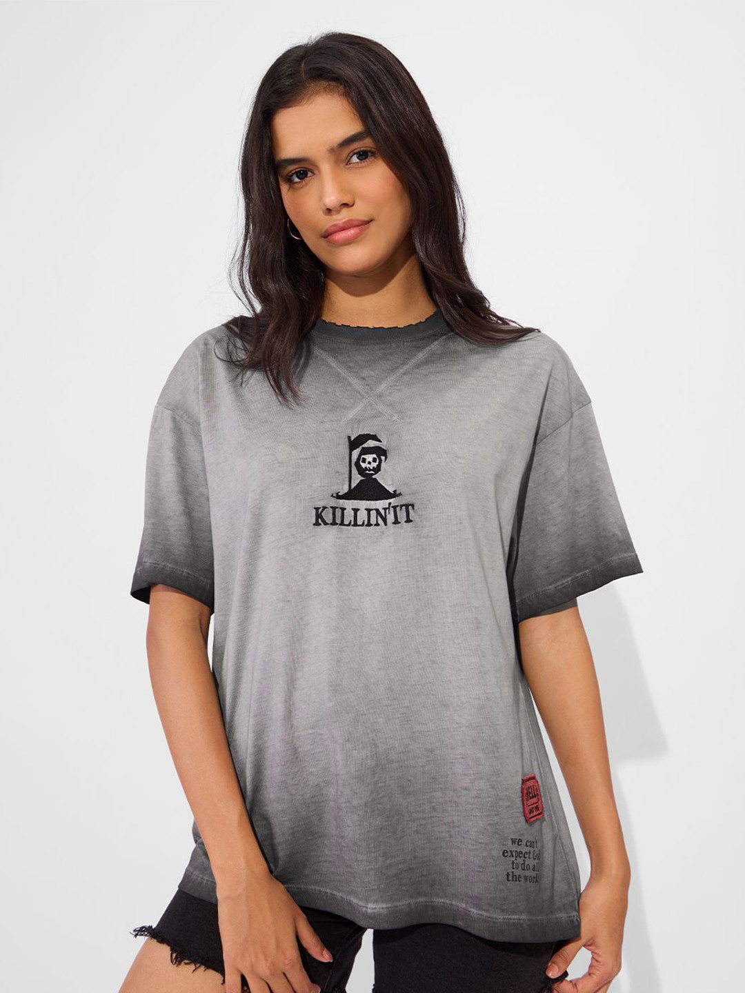 

The Souled Store Women Typography Printed Round Neck Cotton Oversized T-shirt, Grey
