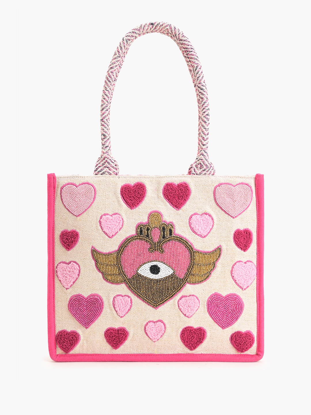 

BohoGirl Women Self Design Oversized Embellished Shopper Tote Bag, Beige