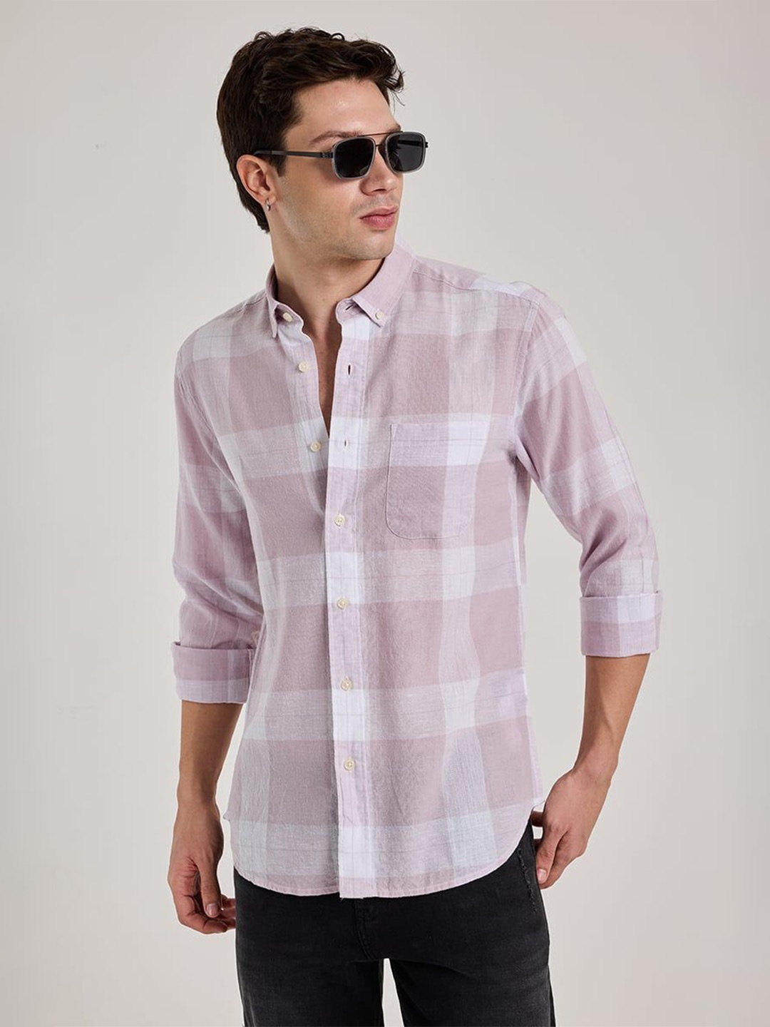 

Snitch Men Smart Button-Down Collar Windowpane Checked Linen Casual Shirt, Pink