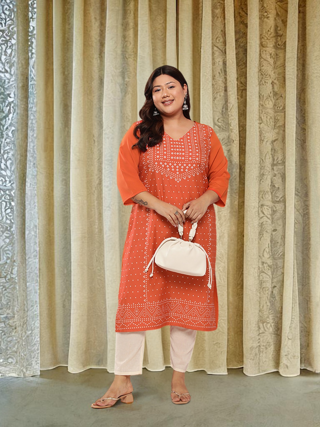 

Sztori Plus Size Bandhani Printed Kurta, Orange