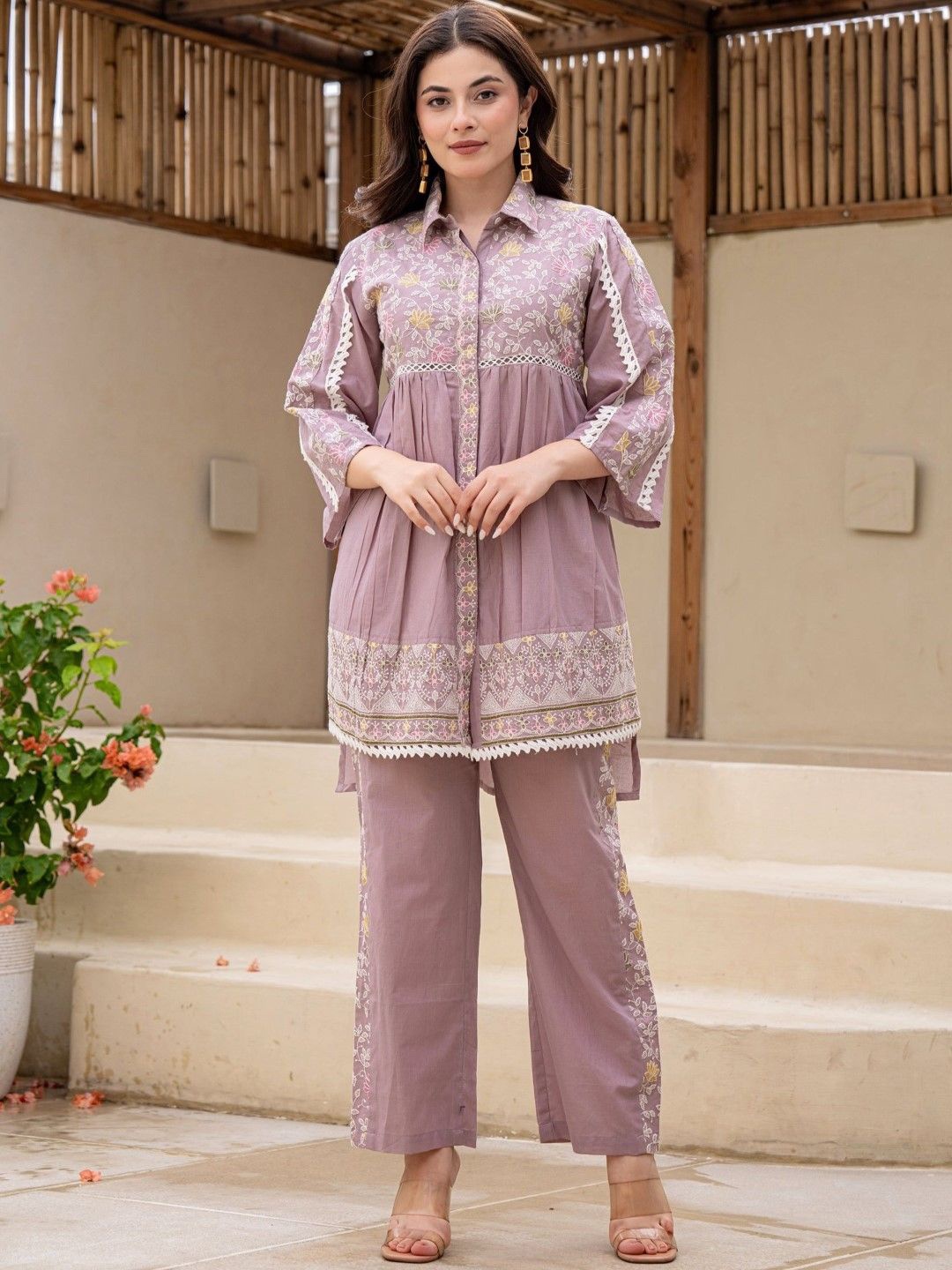 

AUTUMN LANE Floral Embrodiered Pure Cotton Tunic With Trouser Co-Ord, Mauve