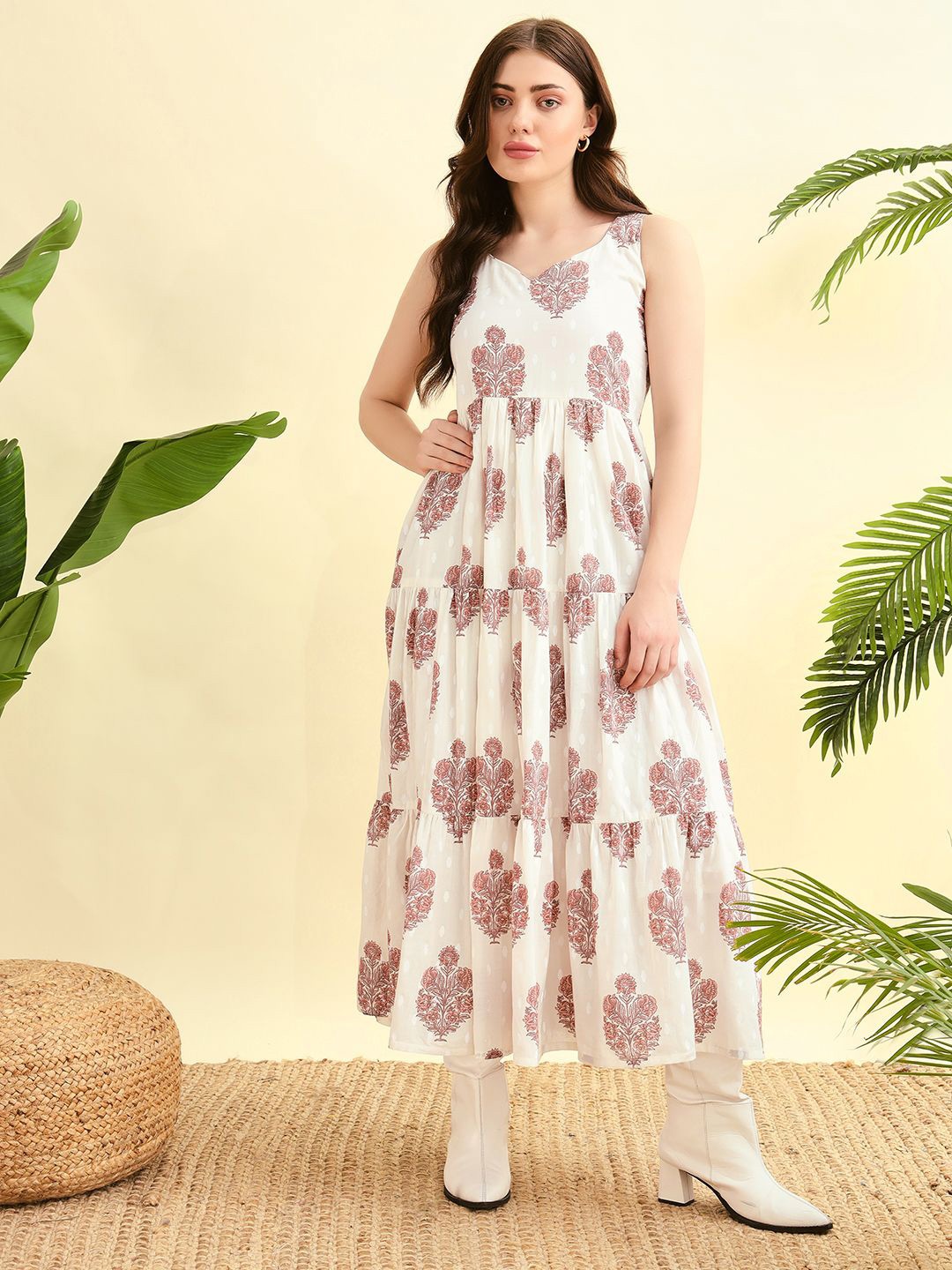 

Meeranshi Women Ethnic Motifs Print Fit & Flare Midi Dress, White
