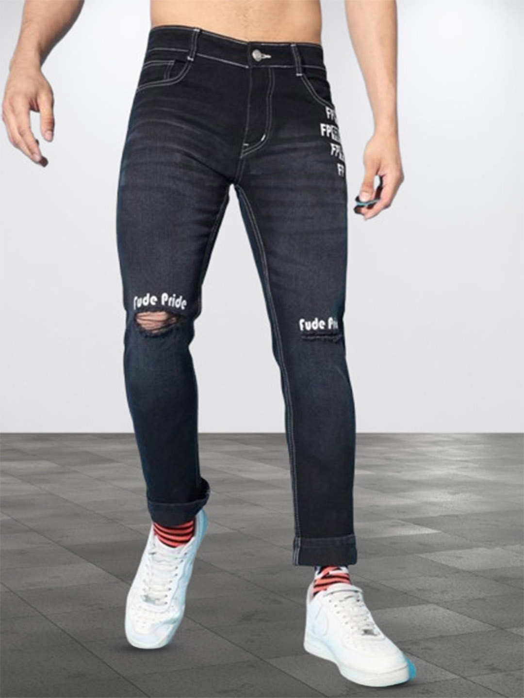 

FUDE PRIDE Men Comfort Stretchable Printed Light Fade Slash Knee Jeans, Black