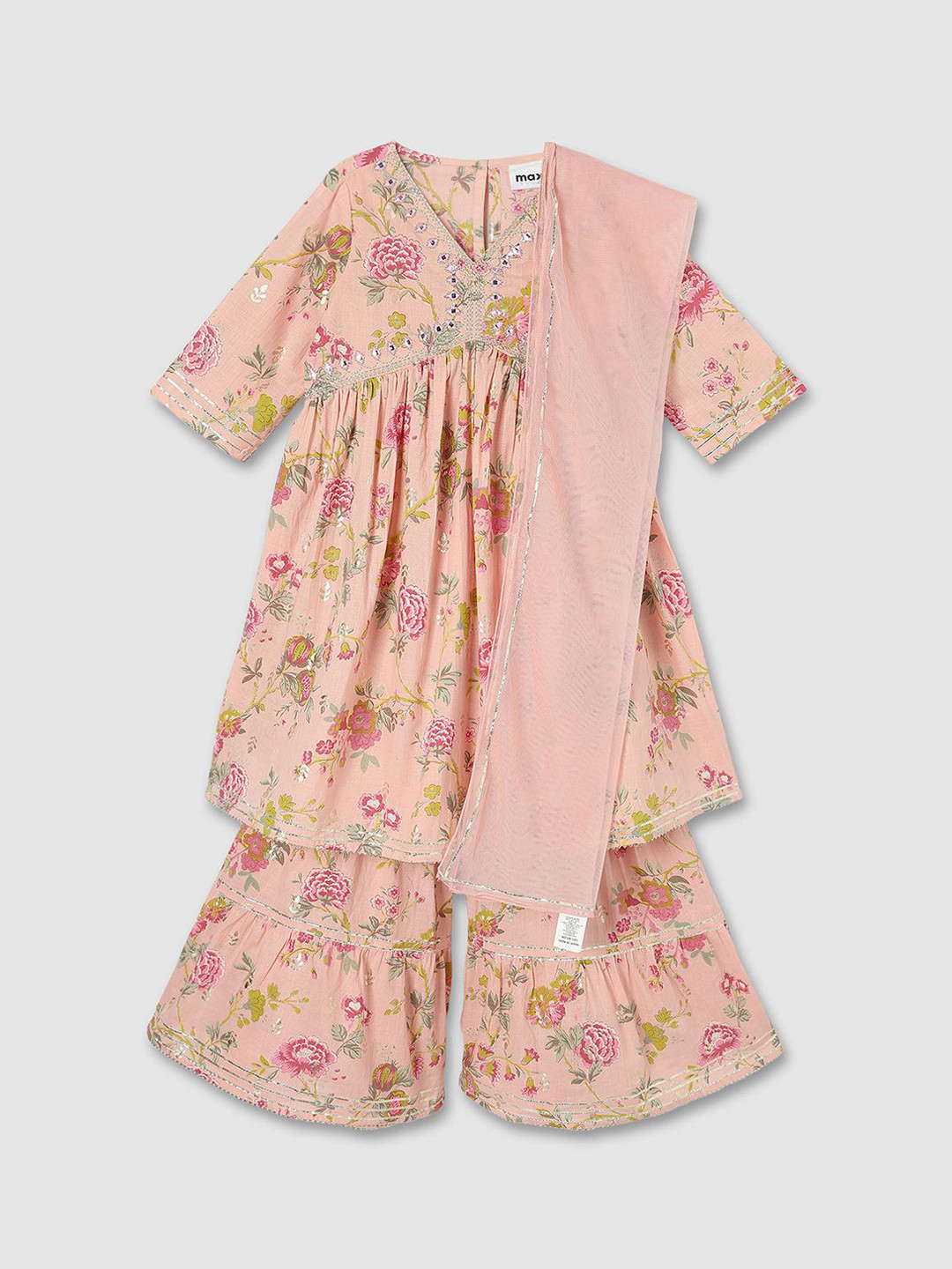 

max Girls Floral Printed Pure Cotton Kurta With Sharara & Dupatta, Peach