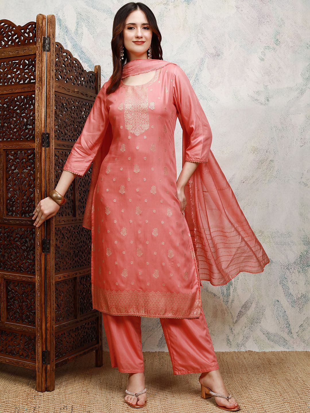 

Vishudh Floral Printed Round Neck Straight Kurta with Trousers & Dupatta, Coral