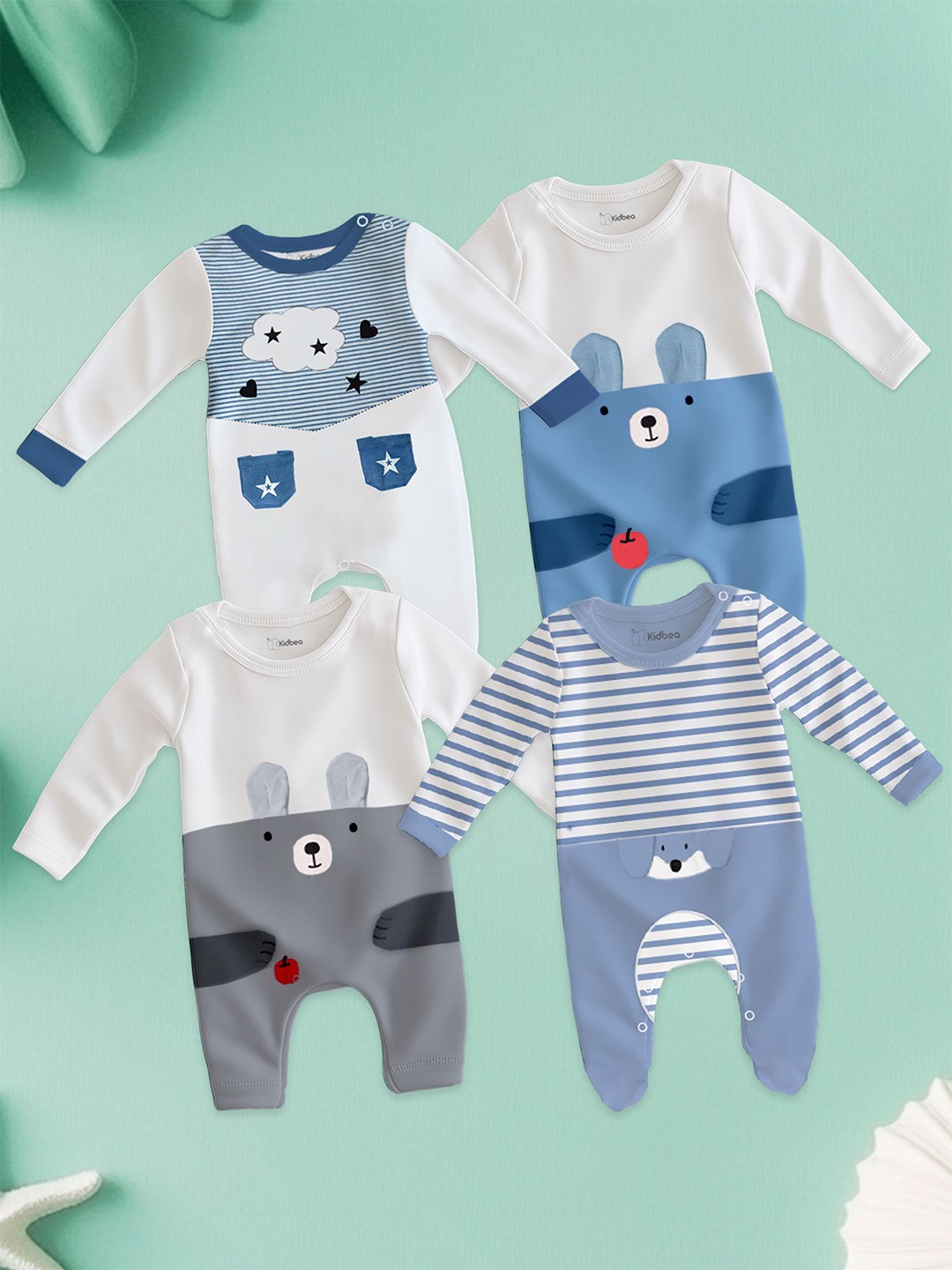 

Kidbea Infant Kids Pack Of 4 Printed Rompers, Blue