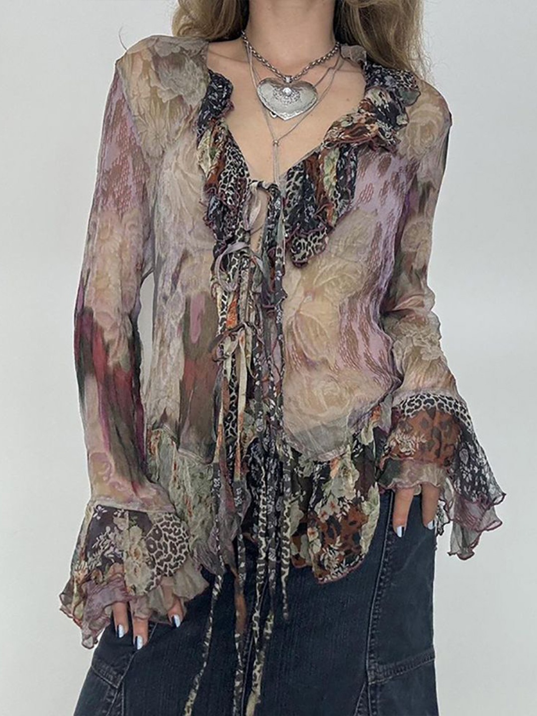 

StyleCast x Revolte Women Abstract Printed V-Neck Top, Beige