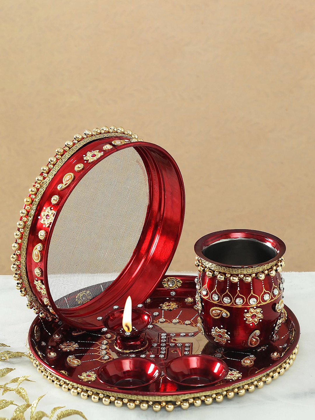 

IGP Puja Thali, Karwa & Chalni with Beads Work, Maroon