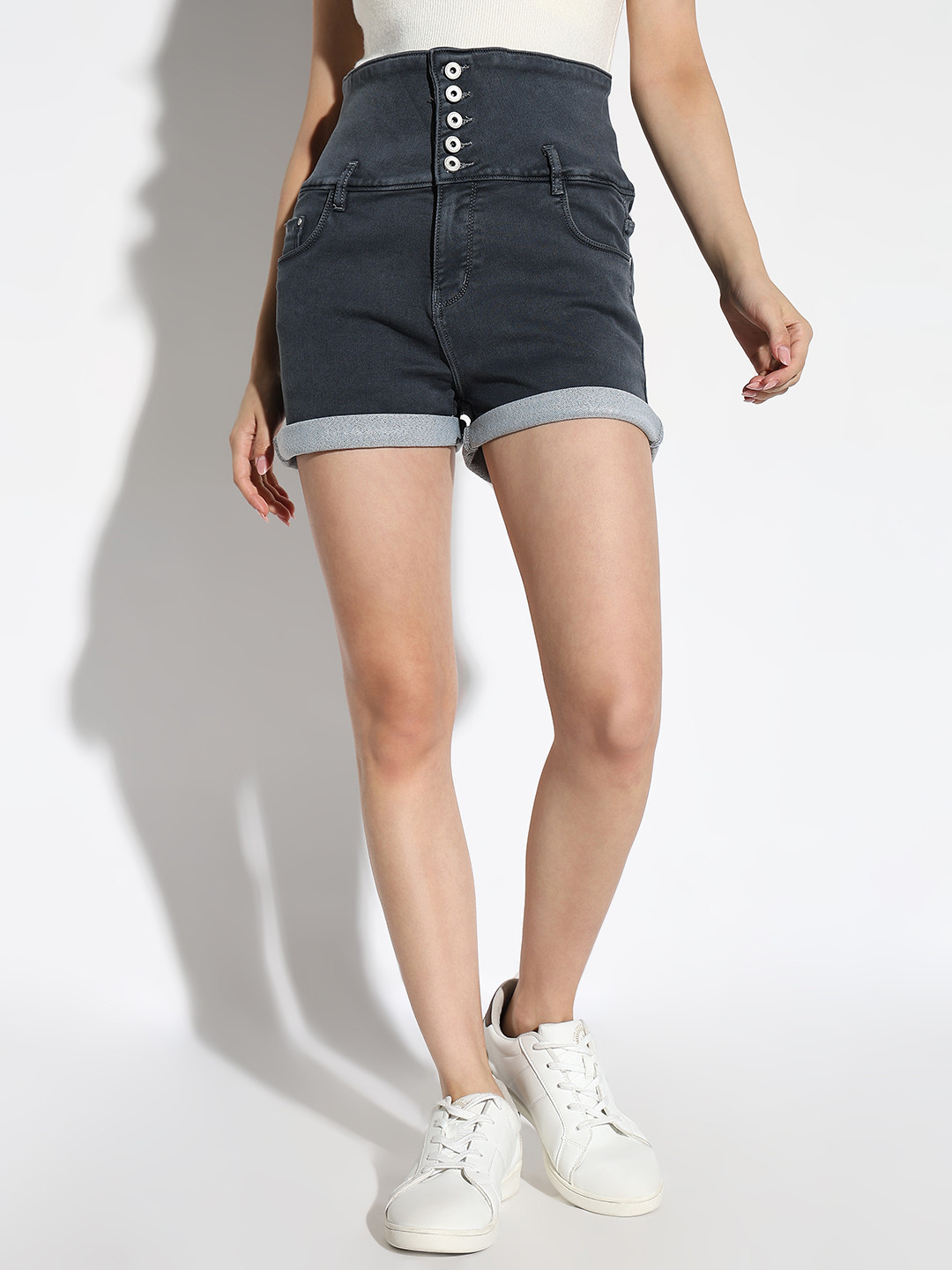 

SHOWOFF Women Solid Grey Slim Fit Denim Denim Shorts