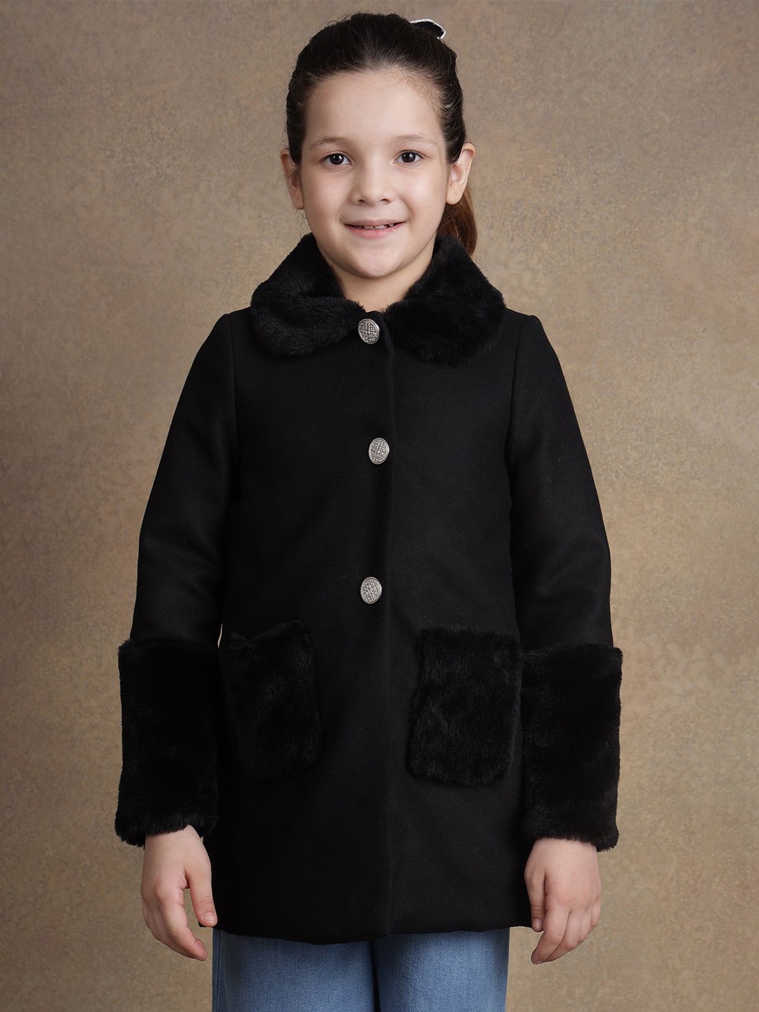 

One Friday Girls Single Breasted Spread Collar Parka Jacket, Black