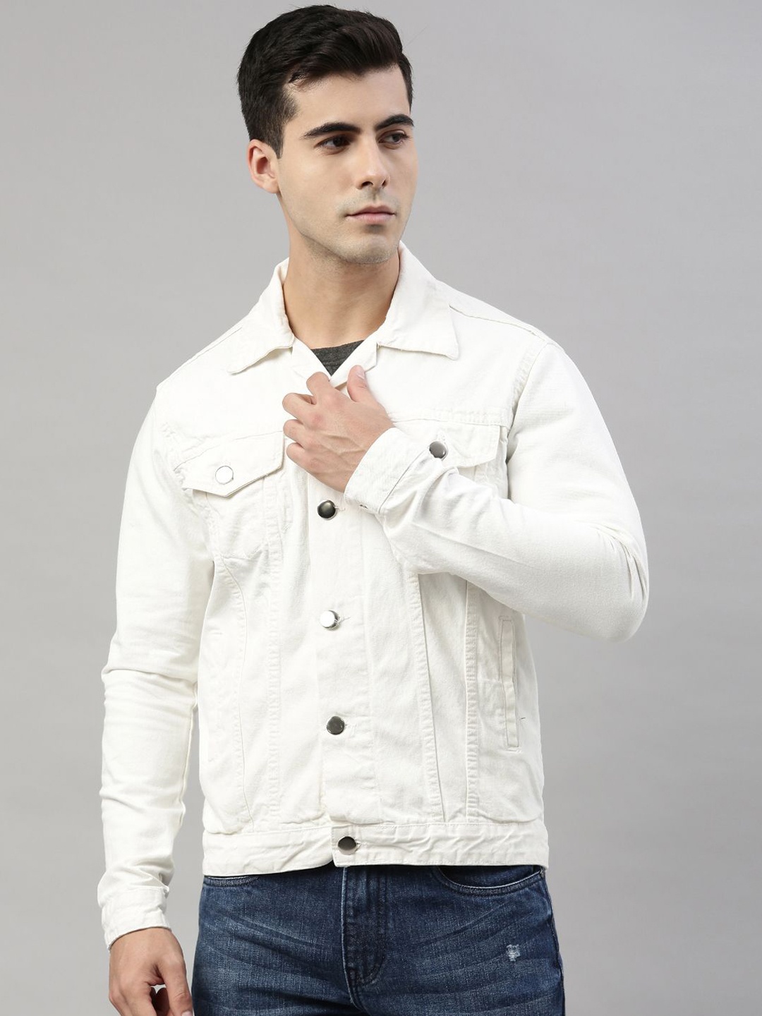 

CINOCCI Men Spread Collar Solid Cotton Casual Denim Jacket, White