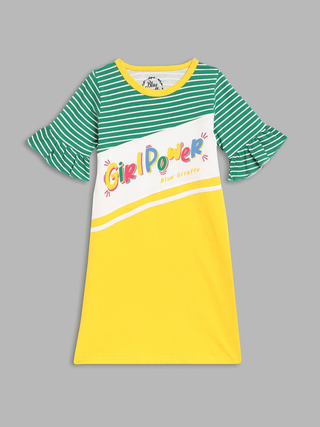 

Blue Giraffe Girls Colourblocked Round Neck Cotton T-shirt Dress, Green