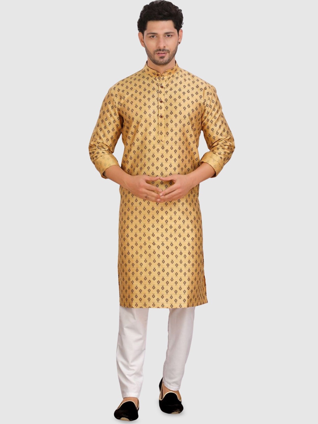 

ENCINO Geometric Printed Band Collar Straight Kurta, Cream