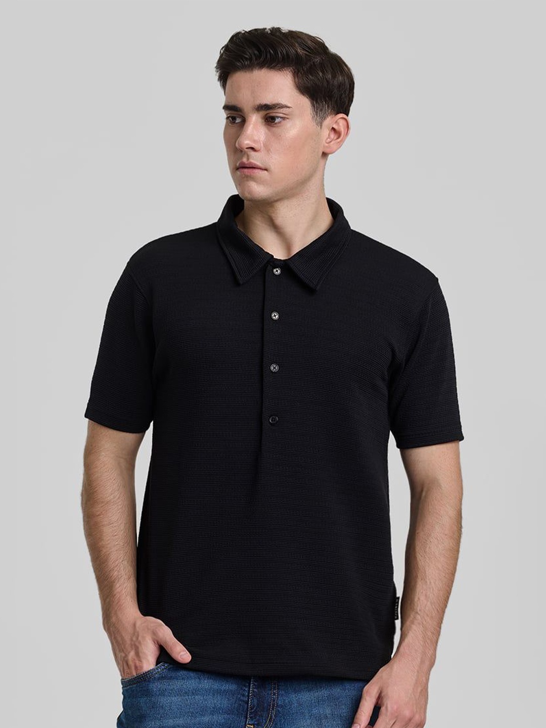 

Snitch Men Self Design Polo Collar Slim Fit T-shirt, Black