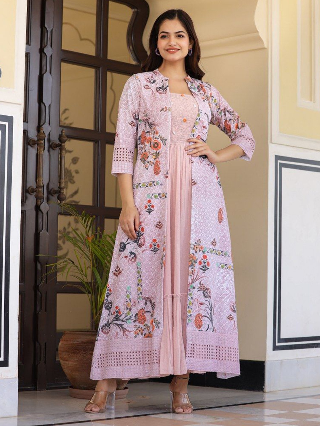 

CUSTARD Women Floral Printed A-Line Maxi Dress With Shrug, Orange