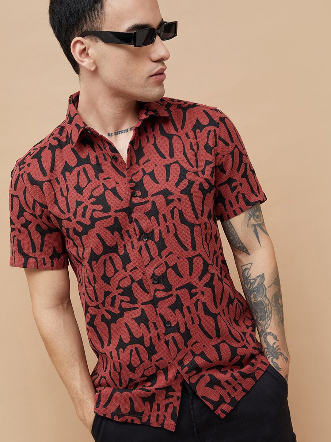 

Fame Forever by Lifestyle Men Cutaway Collar Abstract Printed Cotton Casual Shirt, Red