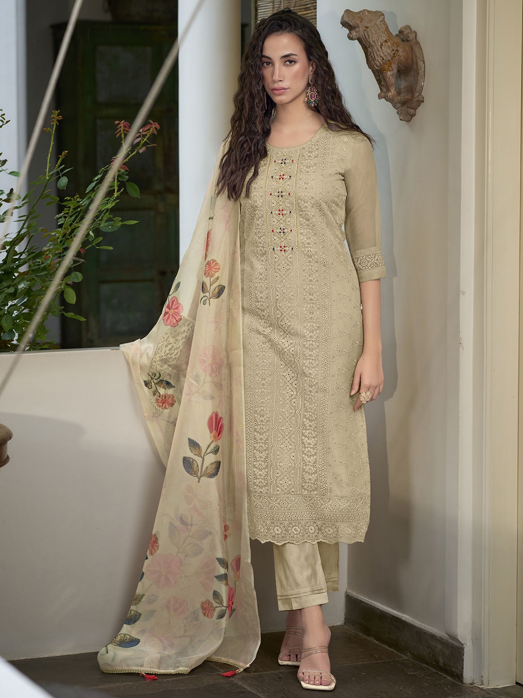 

MOJILAA Women Organza Bored Schiffli Embroidered Straight Kurta With Pant & Dupatta, Khaki