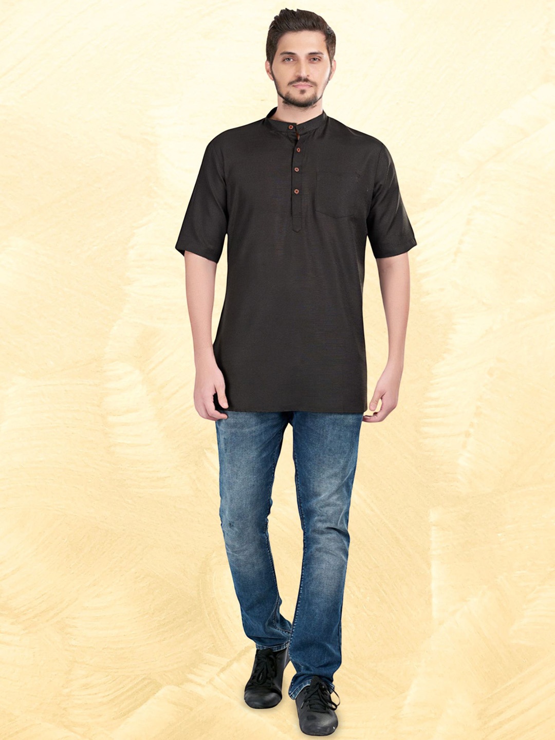 

ENCINO Band Collar Cotton Kurta, Black