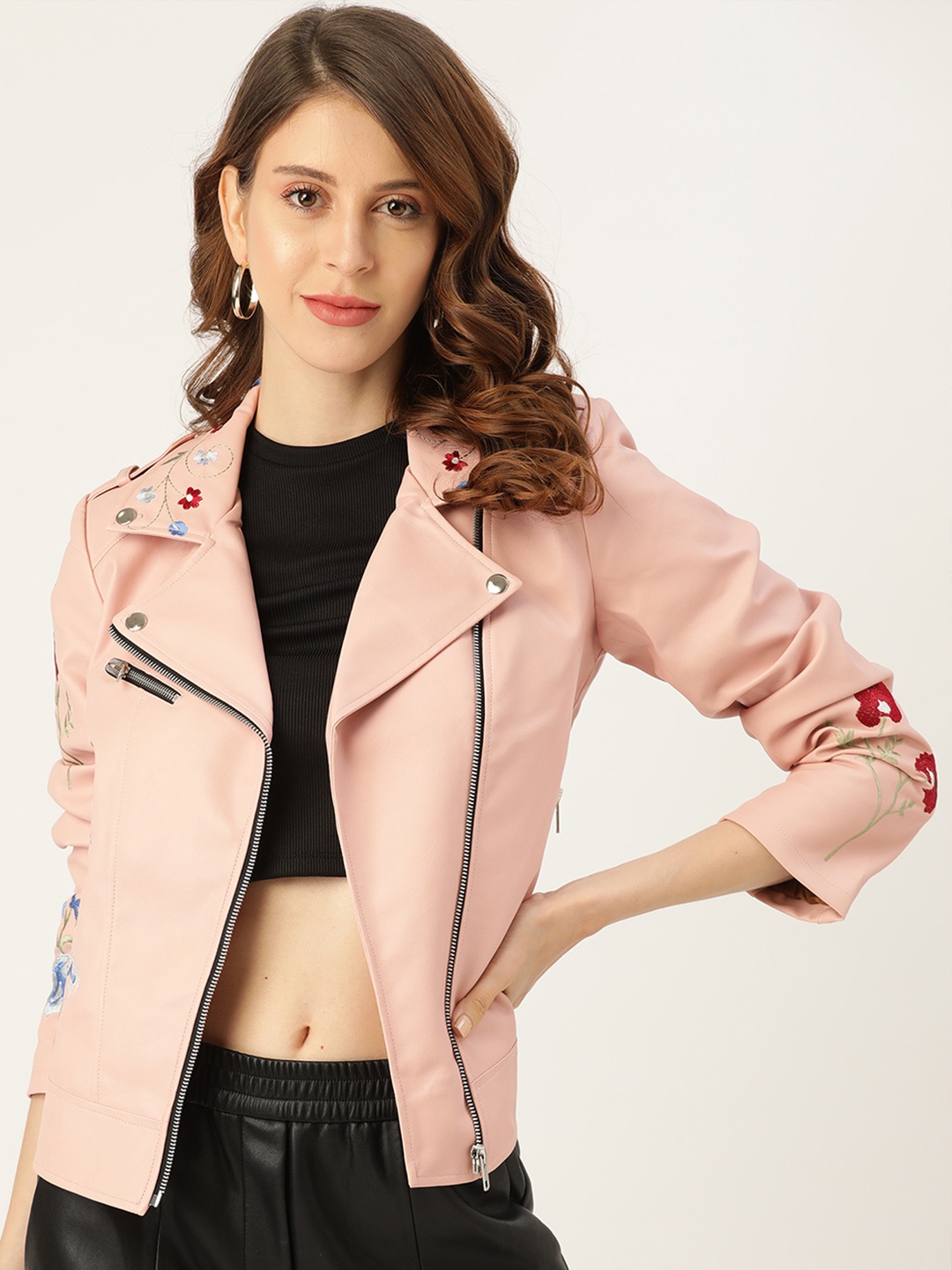 

Leather Retail Women Lapel Collar Floral Printed PU Casual Biker Jacket, Pink