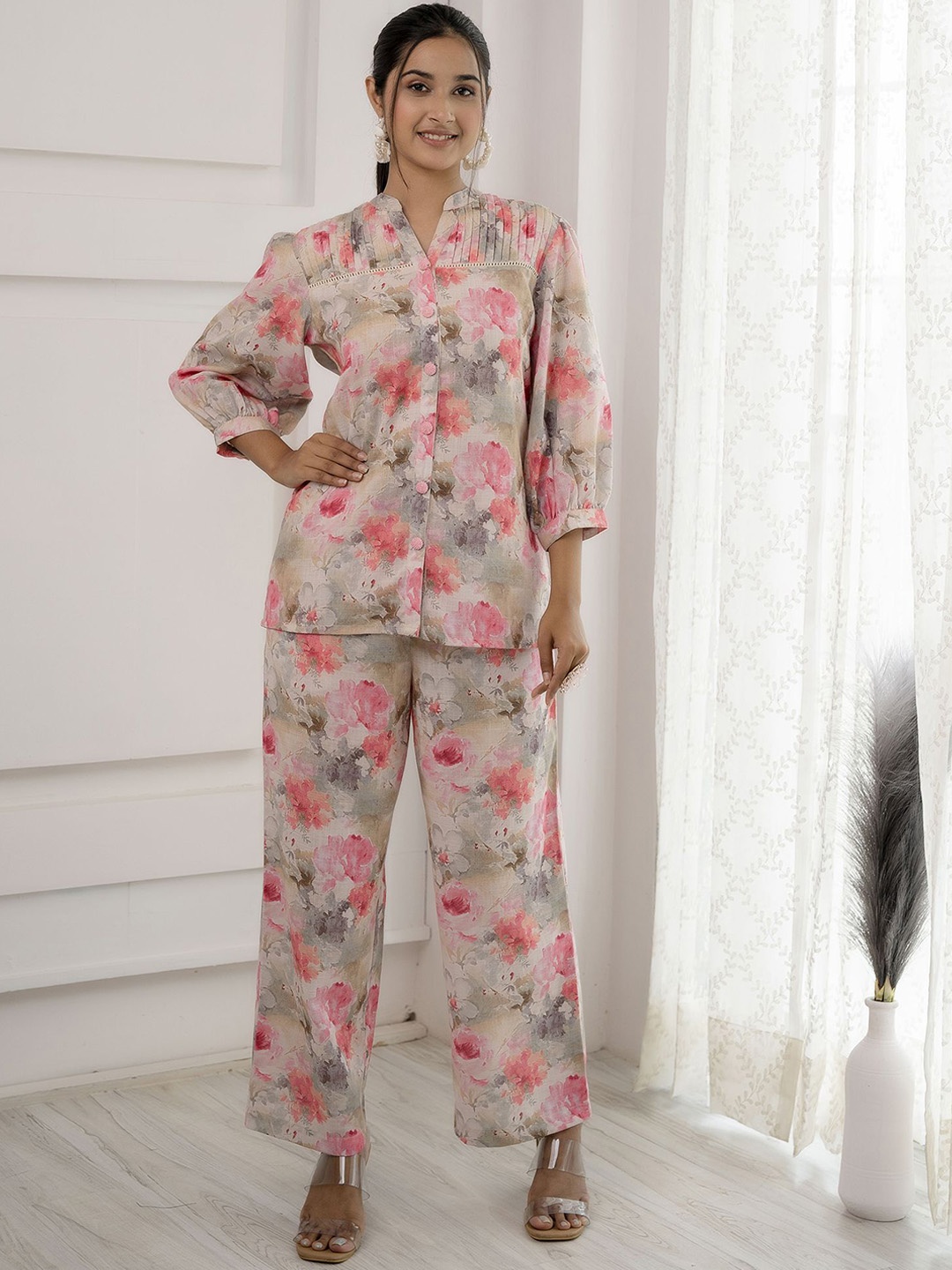 

VASVI Printed Mandarin Collar Linen Shirt With Trousers Co-Ords, Pink