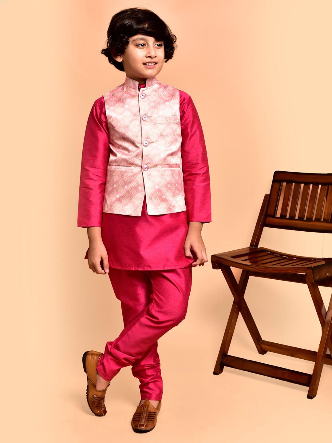 

PRINTCULTR Boys Mandarin Collar Straight Kurta With Churidar And Printed Nehru jacket, Pink