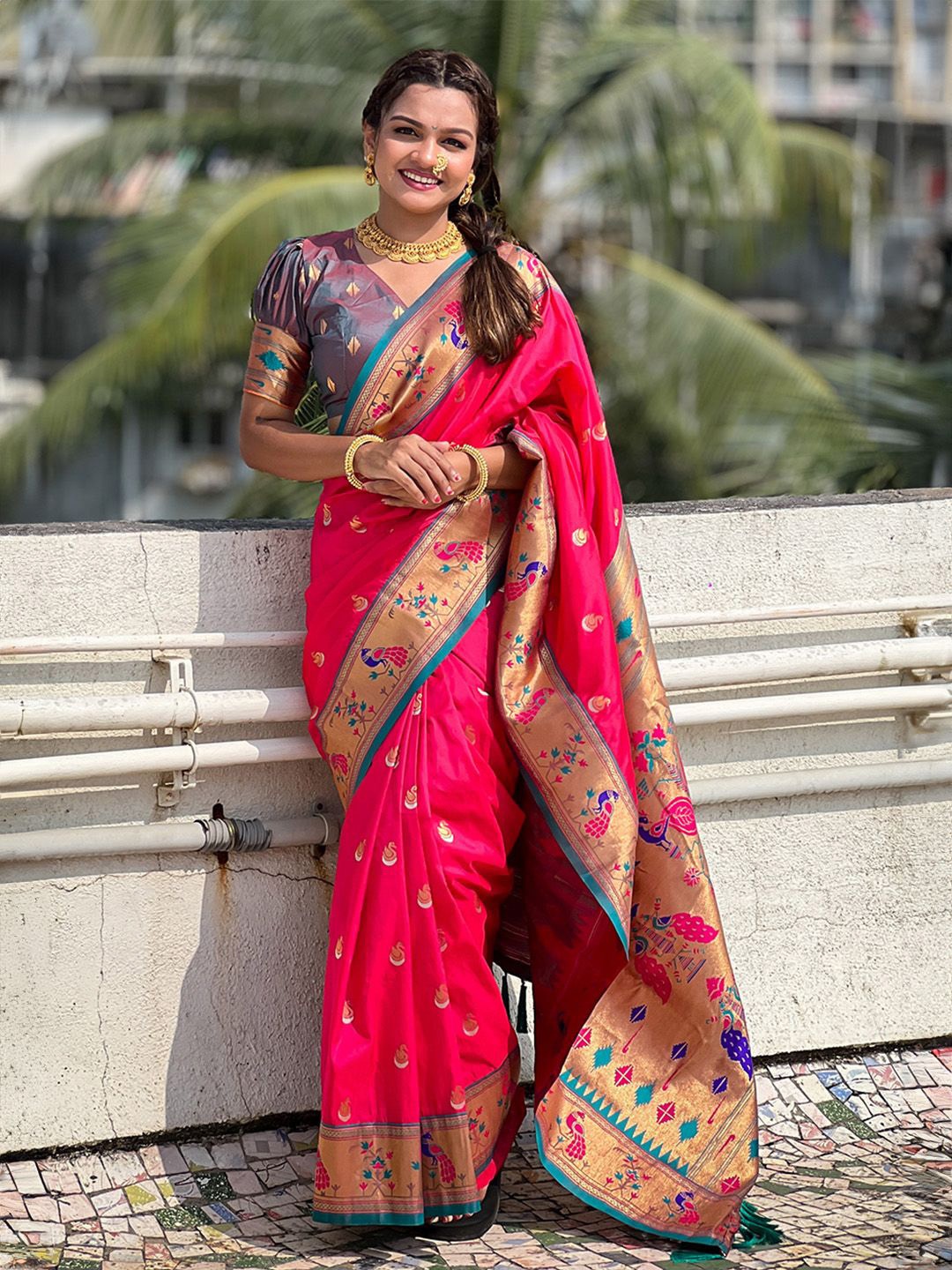 

Ishin Women Woven Design Zari Paithani Saree, Magenta