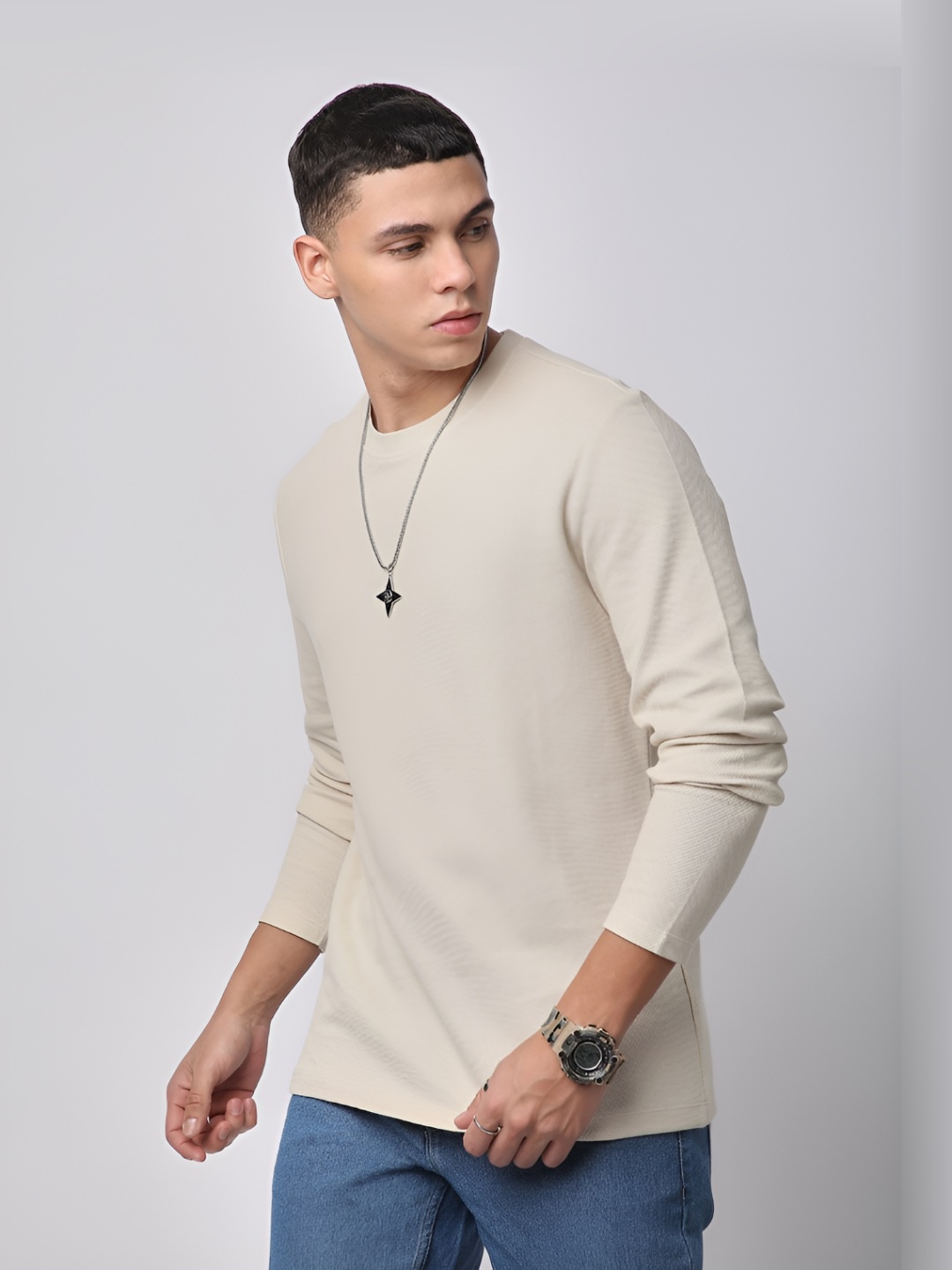 

R&B Men Solid Round Neck Cotton Relaxed Fit T-shirt, Beige
