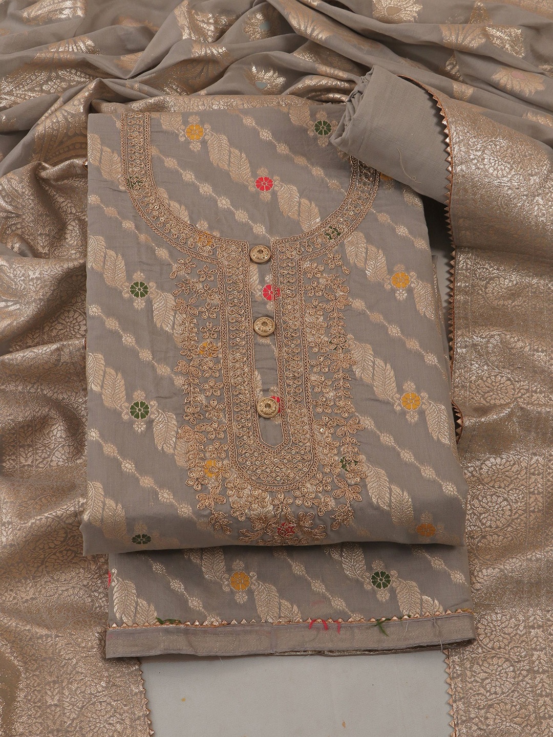 

TAVAS Ethnic Motifs Woven Design Sequinned Unstitched Dress Material, Grey