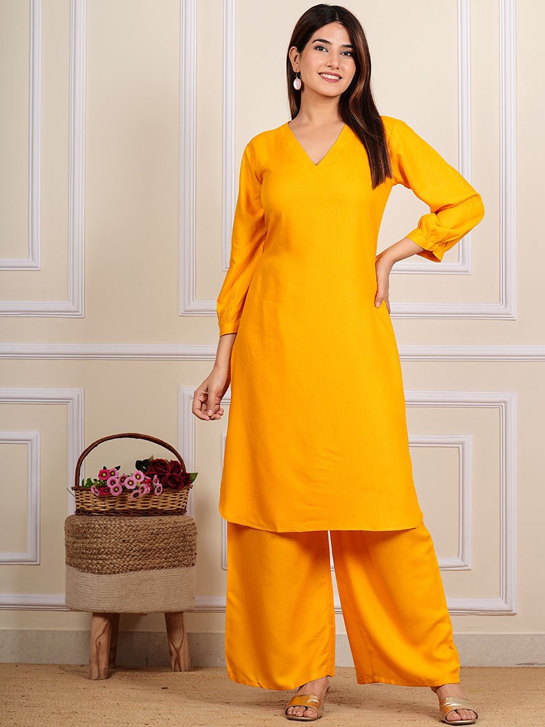 

HEBA V-Neck Straight Kurta With Palazzo, Mustard