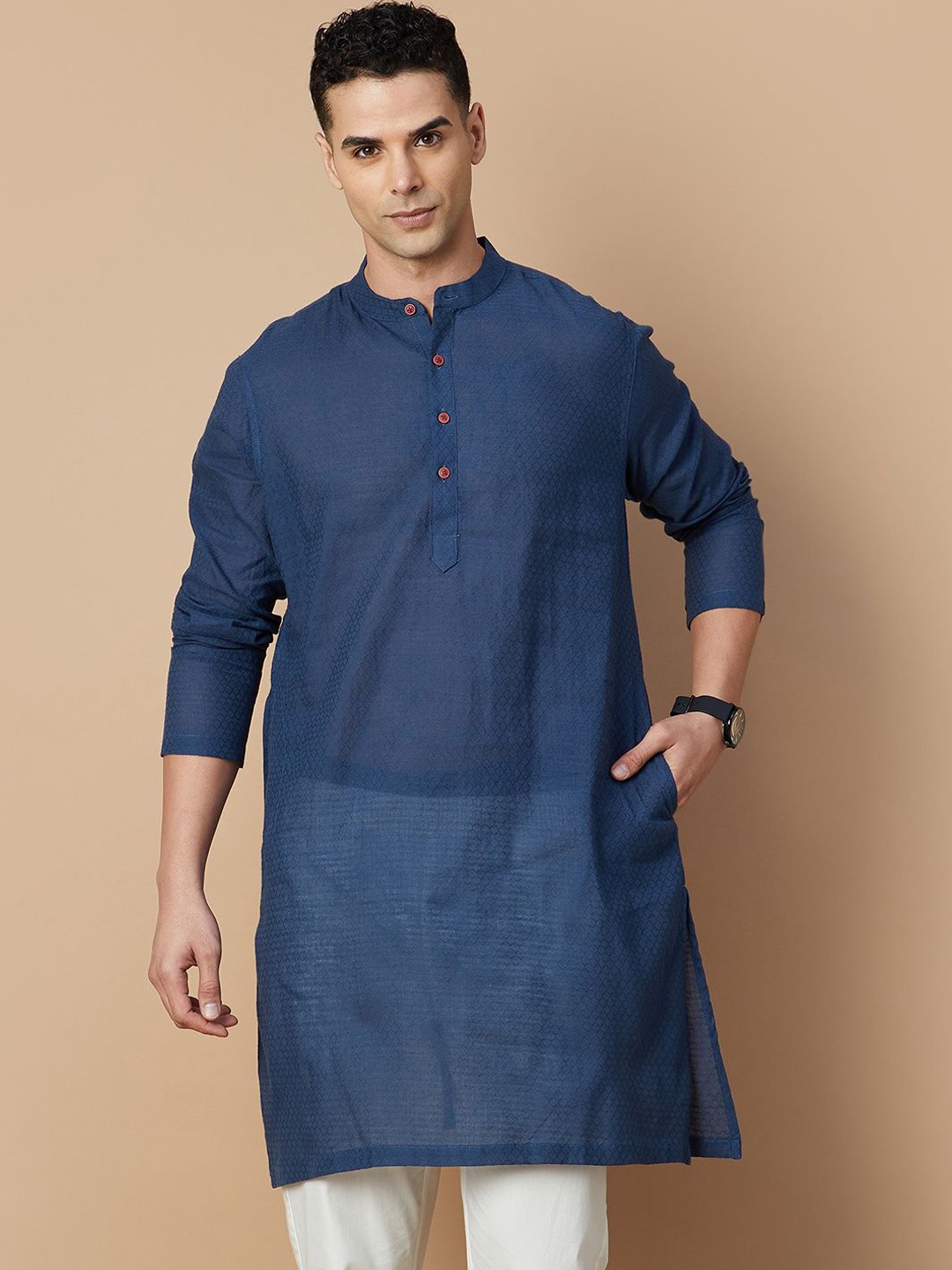 

Melange by Lifestyle Geometric Woven Design Mandarin Collar Cotton Straight Kurta, Blue