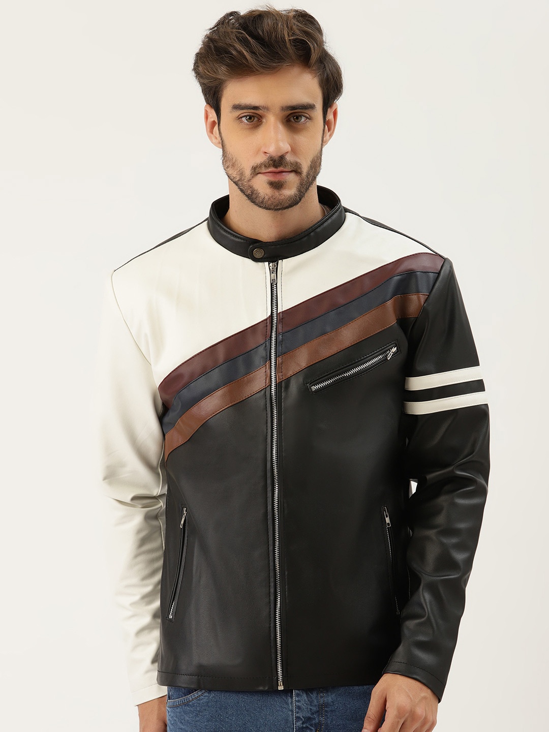 

Leather Retail Men Mandarin Collar Striped PU Casual Biker Jacket, Black