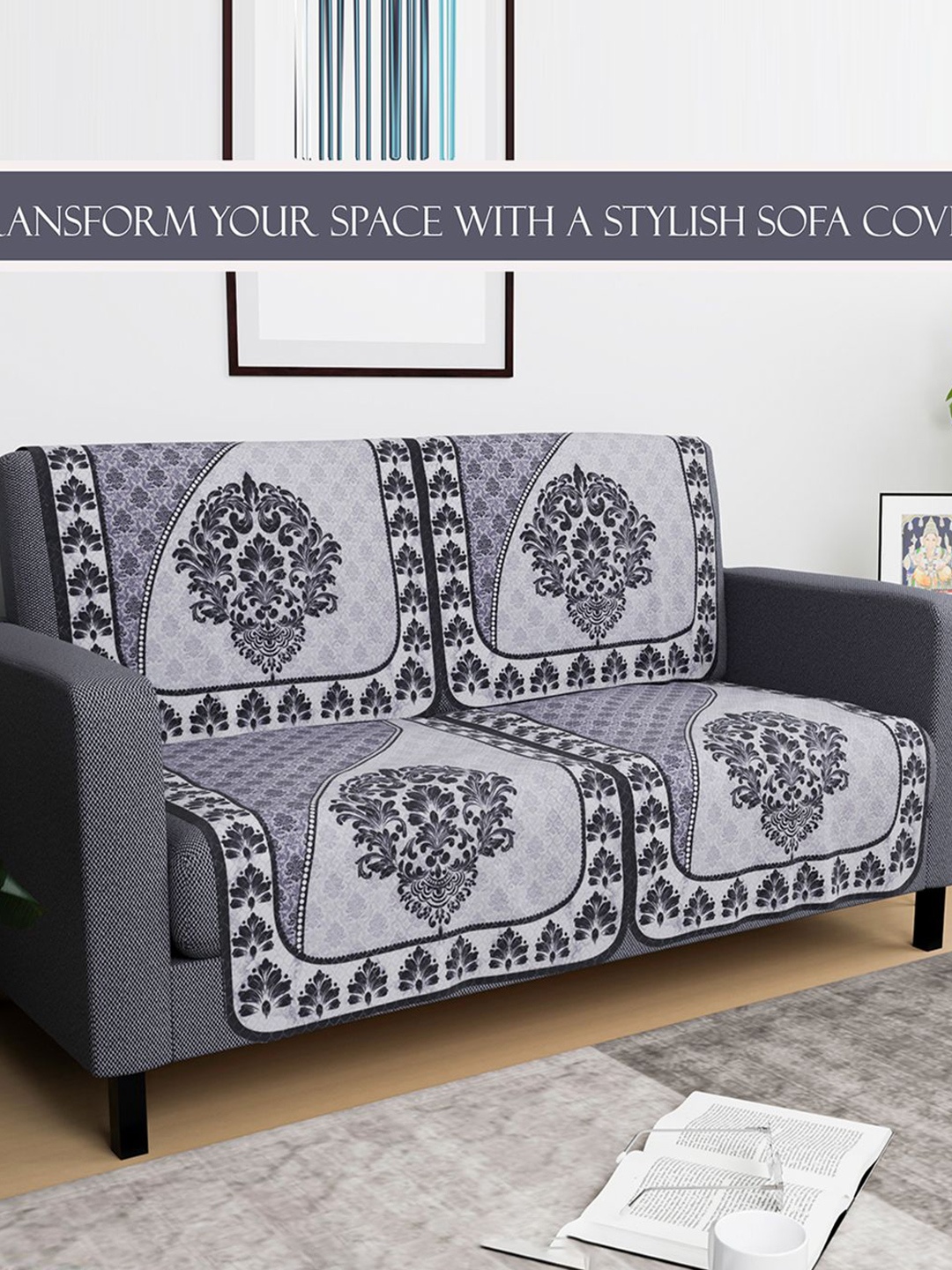 

Kuber Industries Black & Grey 4 Pieces Printed Cotton 2-Seater Sofa Covers