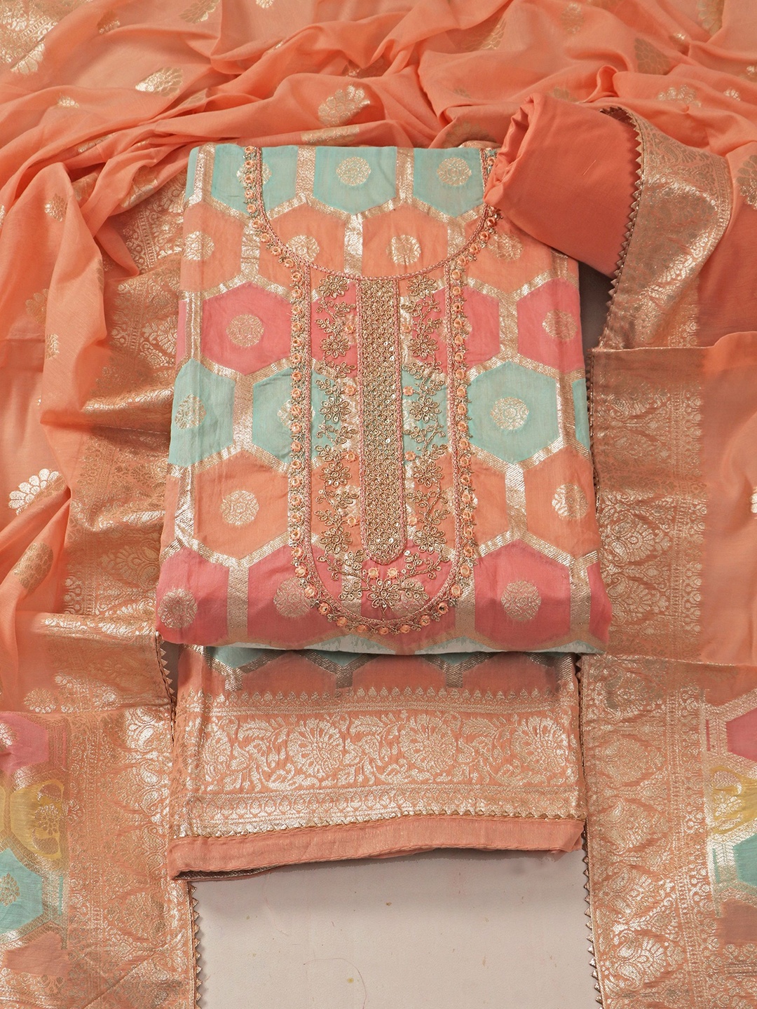 

TAVAS Ethnic Motifs Woven Design Zari Unstitched Dress Material, Orange