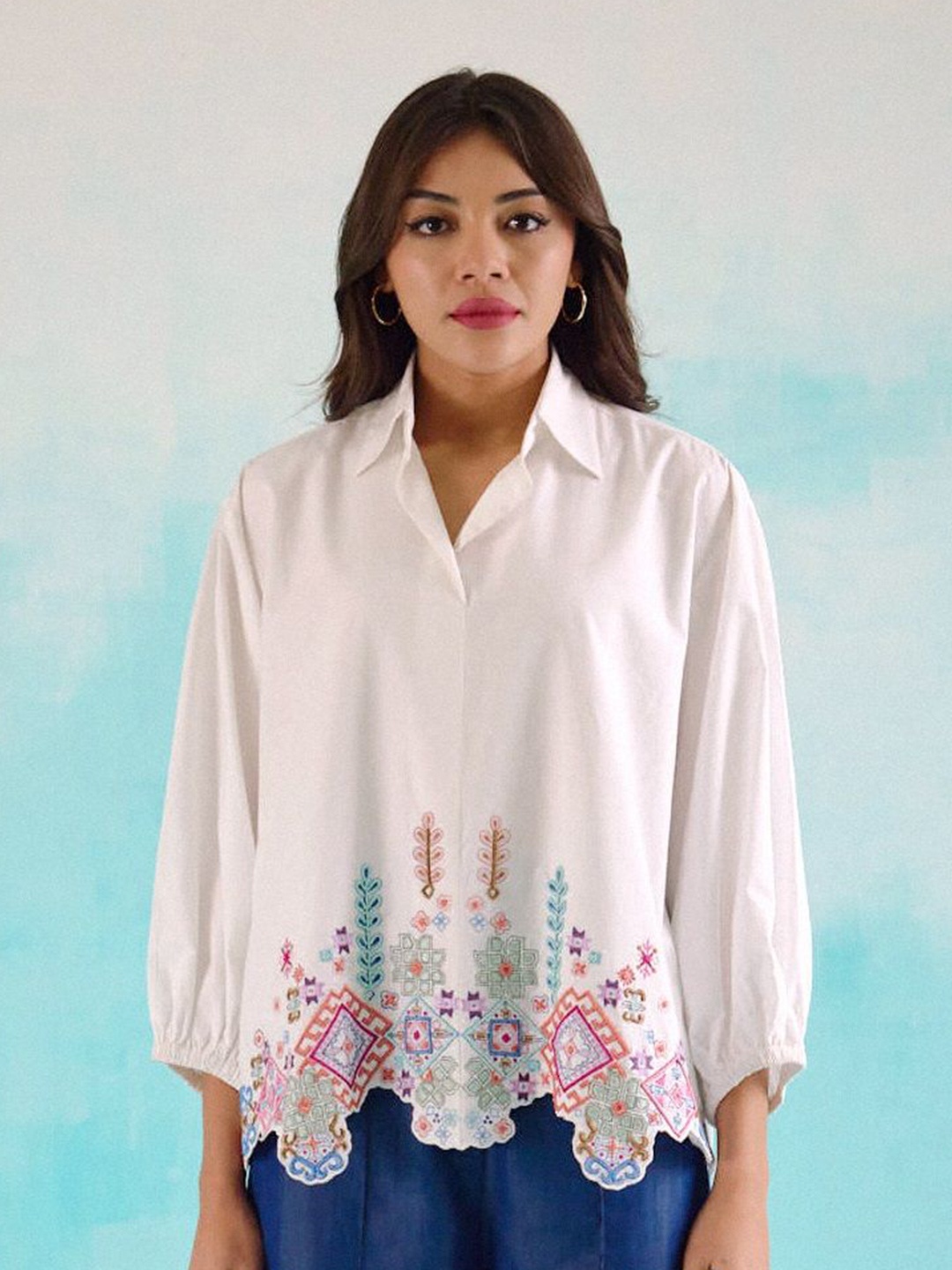

BETRUE Women Solid Embroidered Oversized Cotton Casual Shirt, White