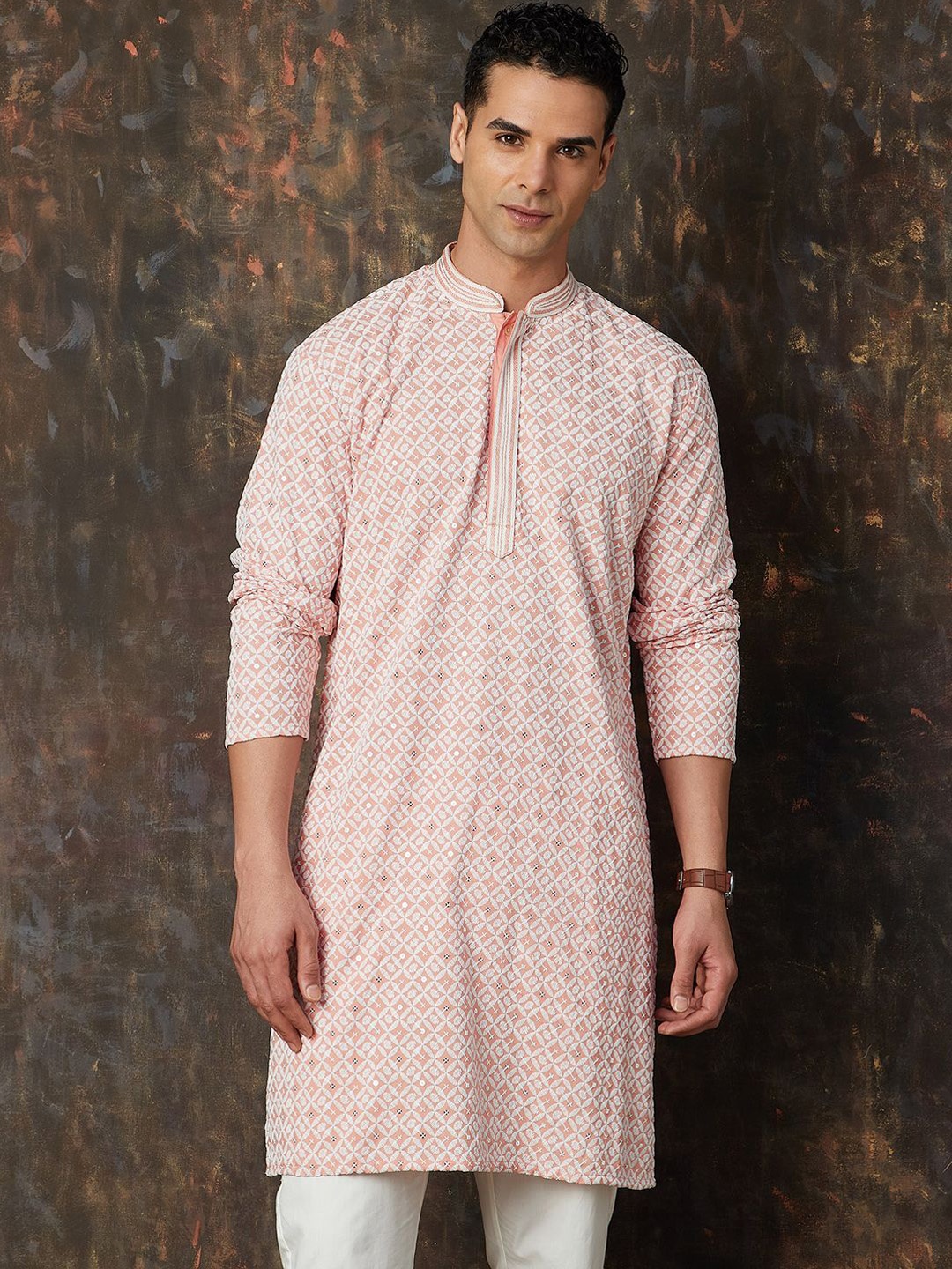 

Melange by Lifestyle Ethnic Motifs Embroidered Mandarin Collar Thread Work Straight Kurta, Pink