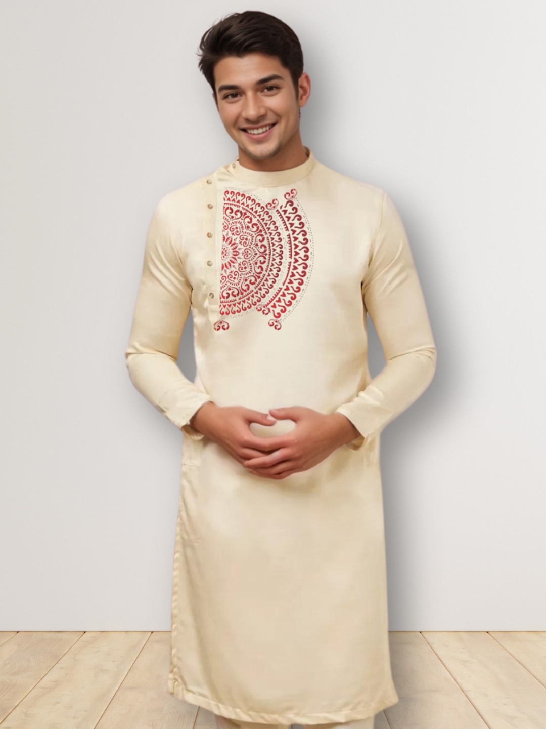 

DEVOILER Ethnic Motifs Printed Mandarin Collar Straight Kurta, Beige