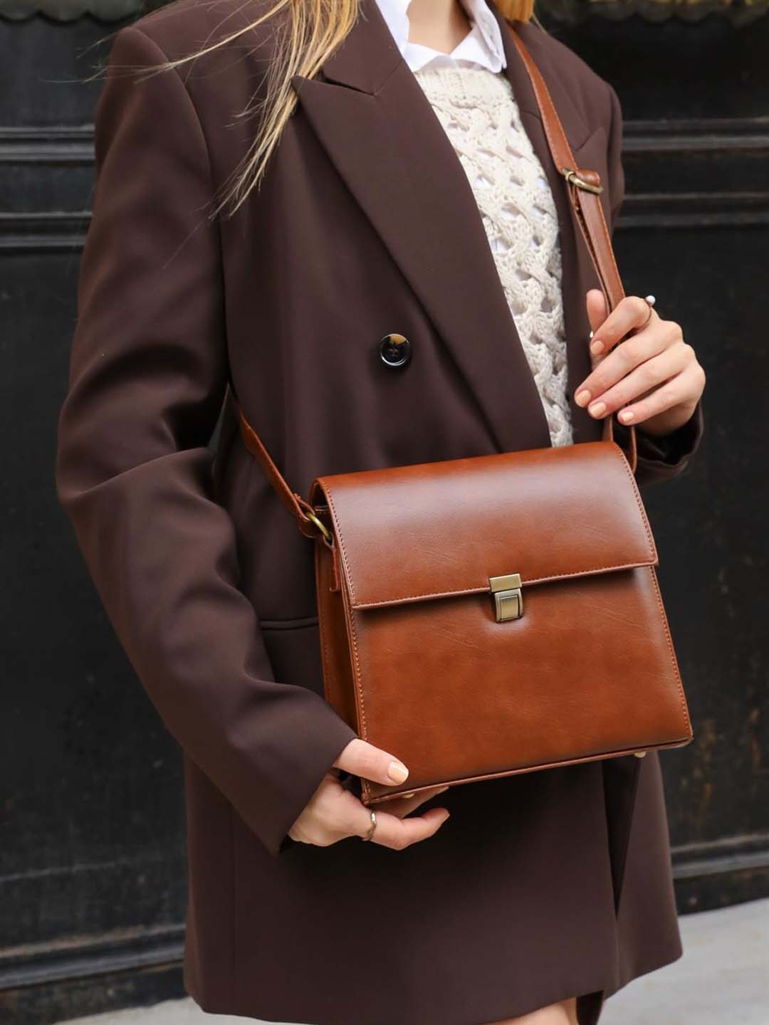 

madamra Women Structured Push Lock Sling Bag, Tan