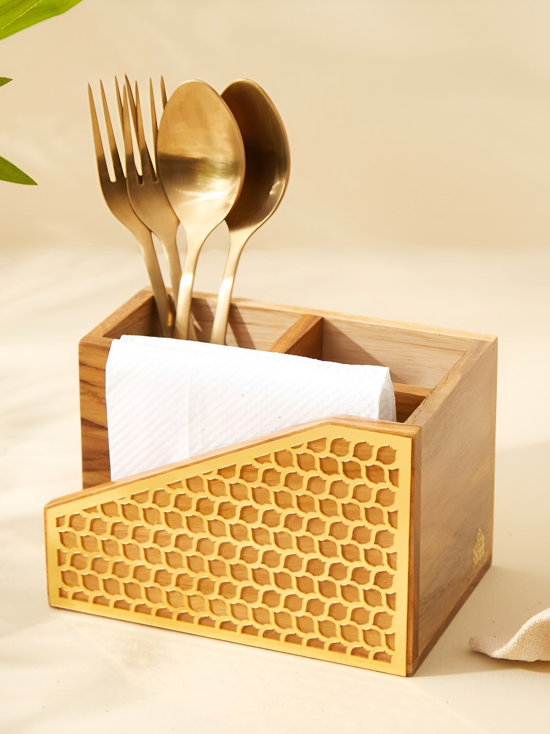 

Home Centre Haze Dietes Brown Wood 2-in-1 Cutlery Holder