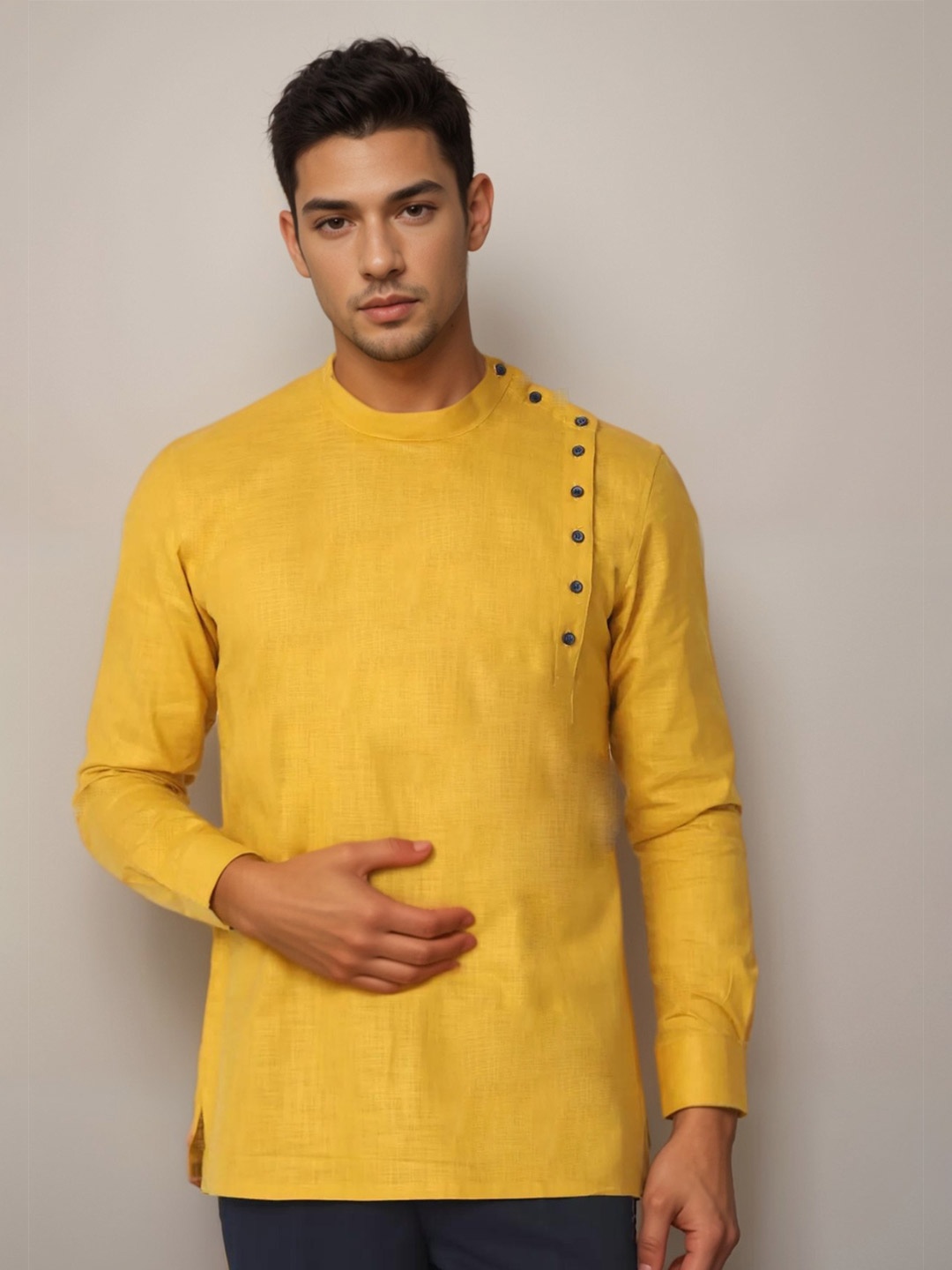 

DEVOILER Mandarin Collar Straight Kurta, Mustard