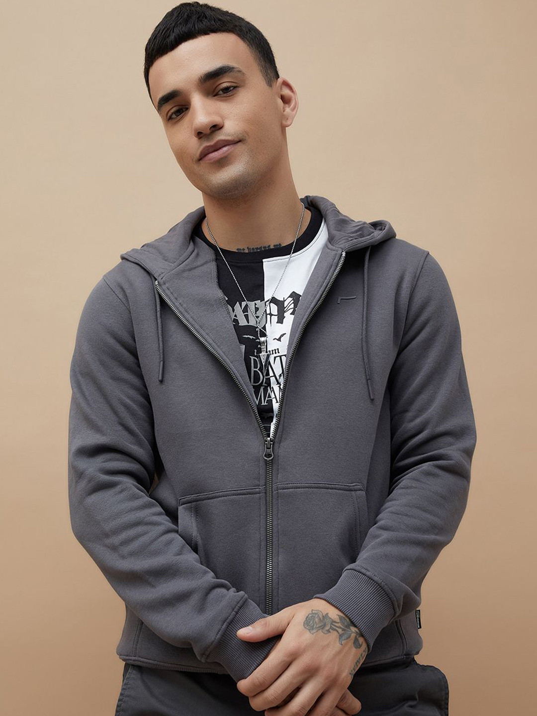 

Fame Forever by Lifestyle Men Solid Hood Cotton Front-Open Sweatshirt, Grey